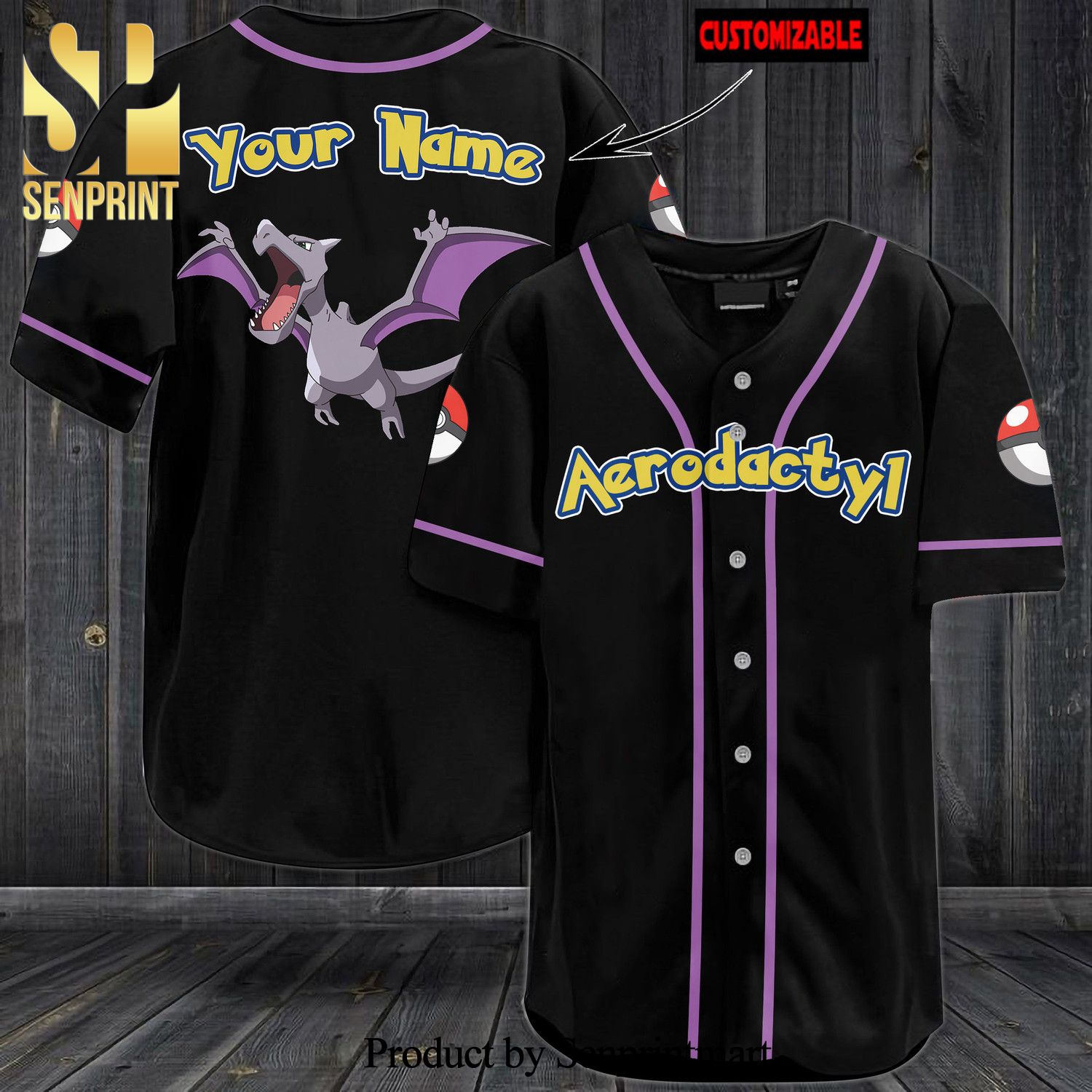Personalized Aerodactyl All Over Print Baseball Jersey – Black