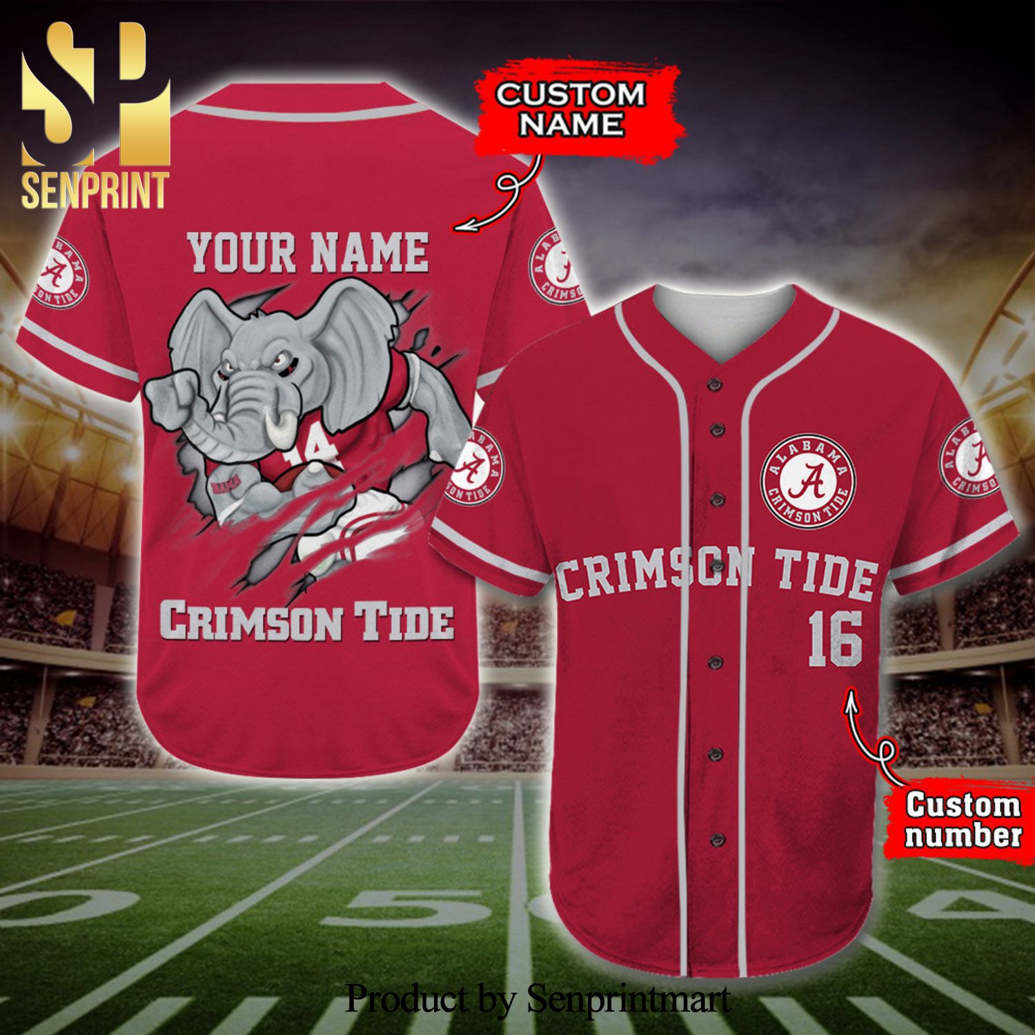 Personalized Alabama Crimson Tide Mascot Full Printing Baseball Jersey