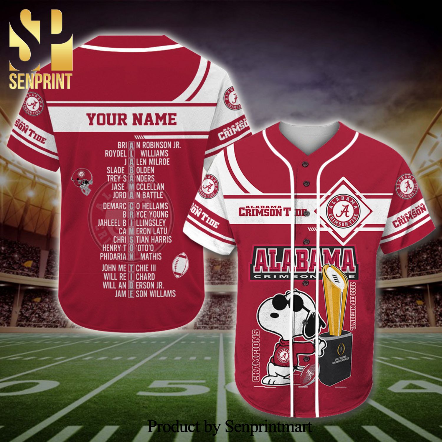 Personalized Alabama Crimson Tide Snoopy College Football Playoff 2021-2022 Full Printing Baseball Jersey