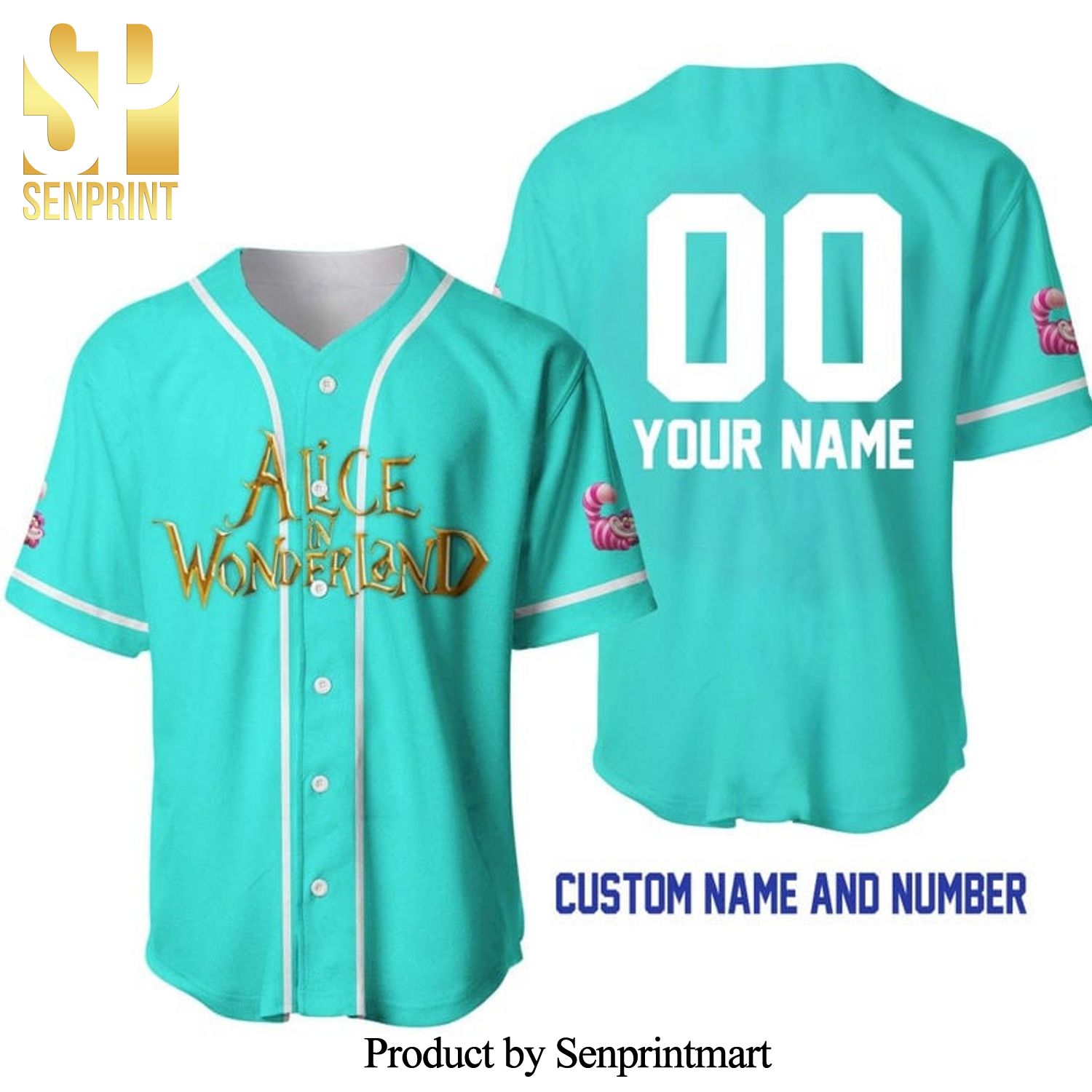 Personalized Alice In Wonderland All Over Print Baseball Jersey – Turquoise