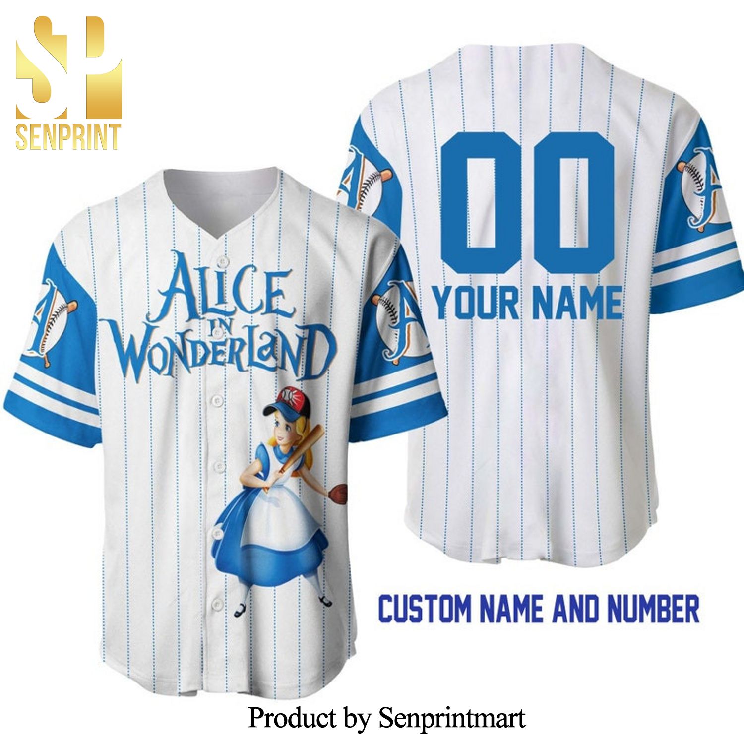 Personalized Alice In Wonderland All Over Print Pinstripe Baseball Jersey – White