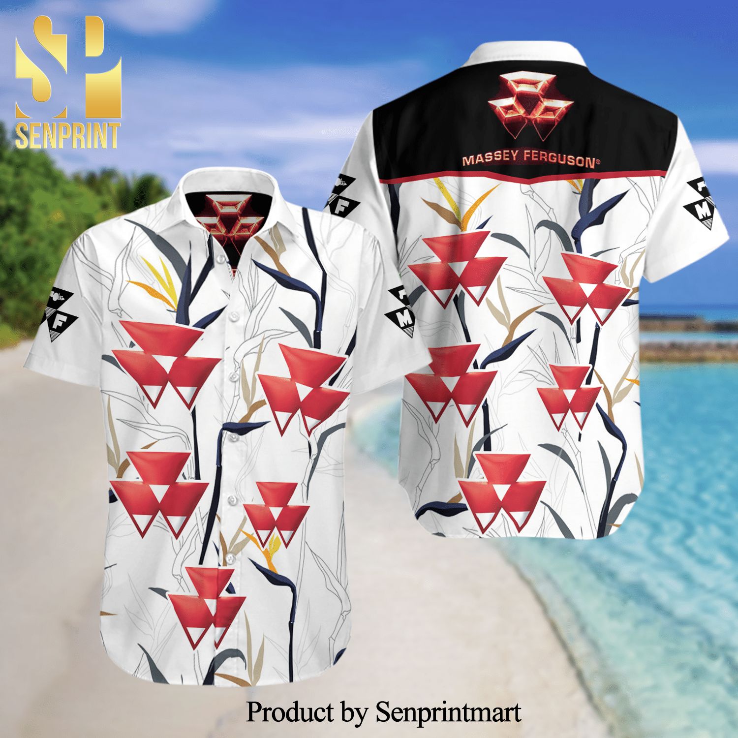 Massey Ferguson Full Printing Summer Short Sleeve Hawaiian Beach Shirt - White