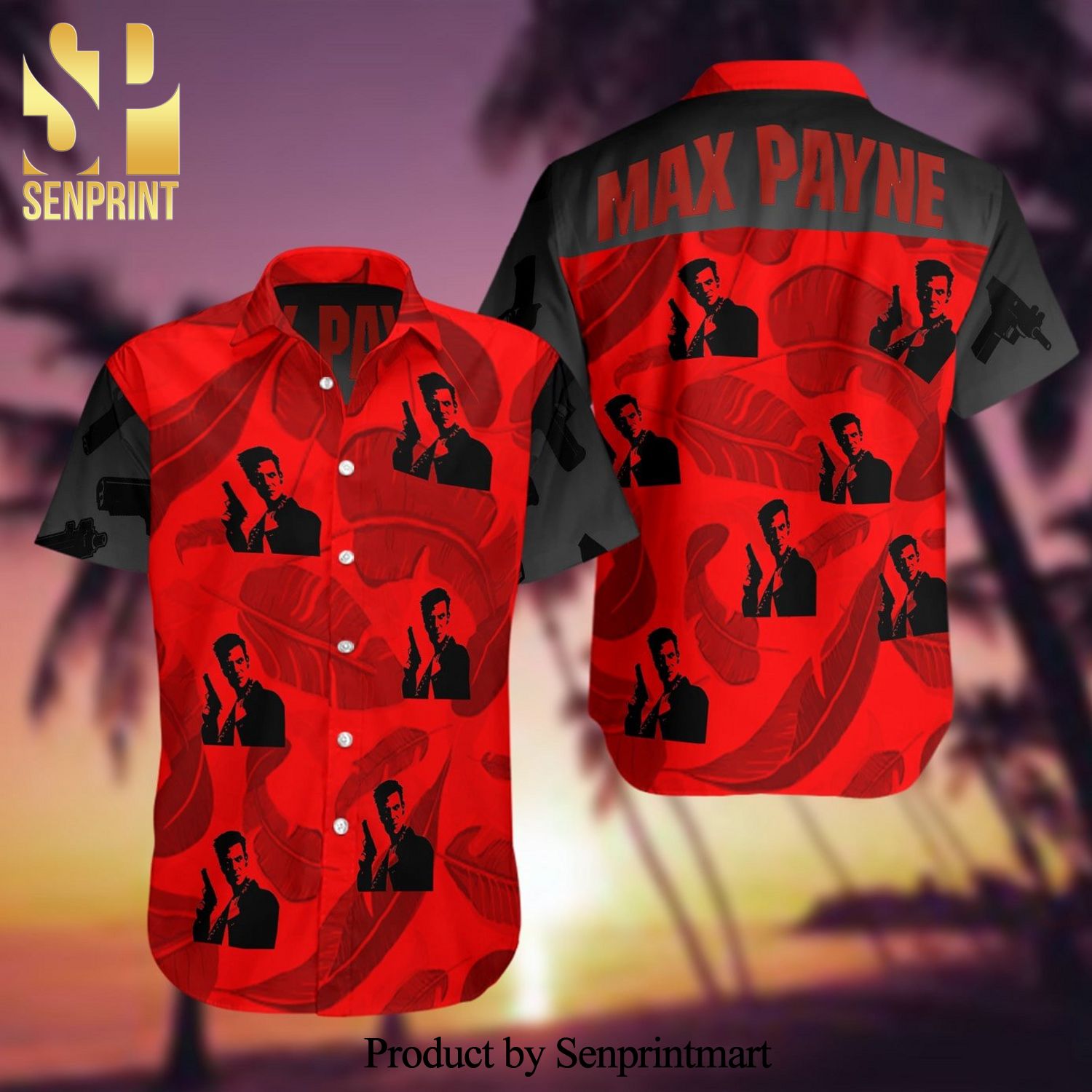Max Payne Full Printing Summer Short Sleeve Hawaiian Beach Shirt – Red
