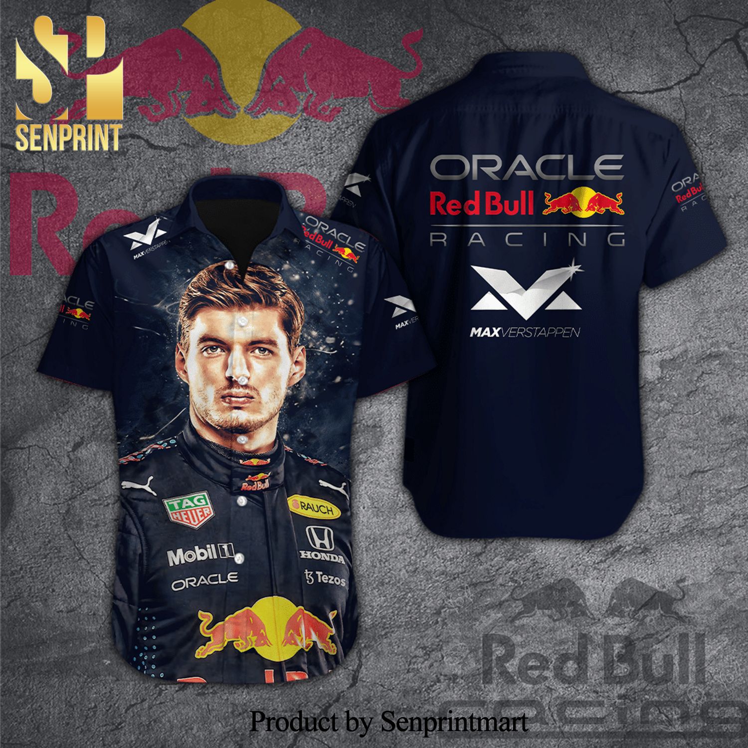Max Verstapen MV33 Oracle Red Bull Racing Full Printing Short Sleeve Dress Shirt Hawaiian Summer Aloha Beach Shirt – Navy