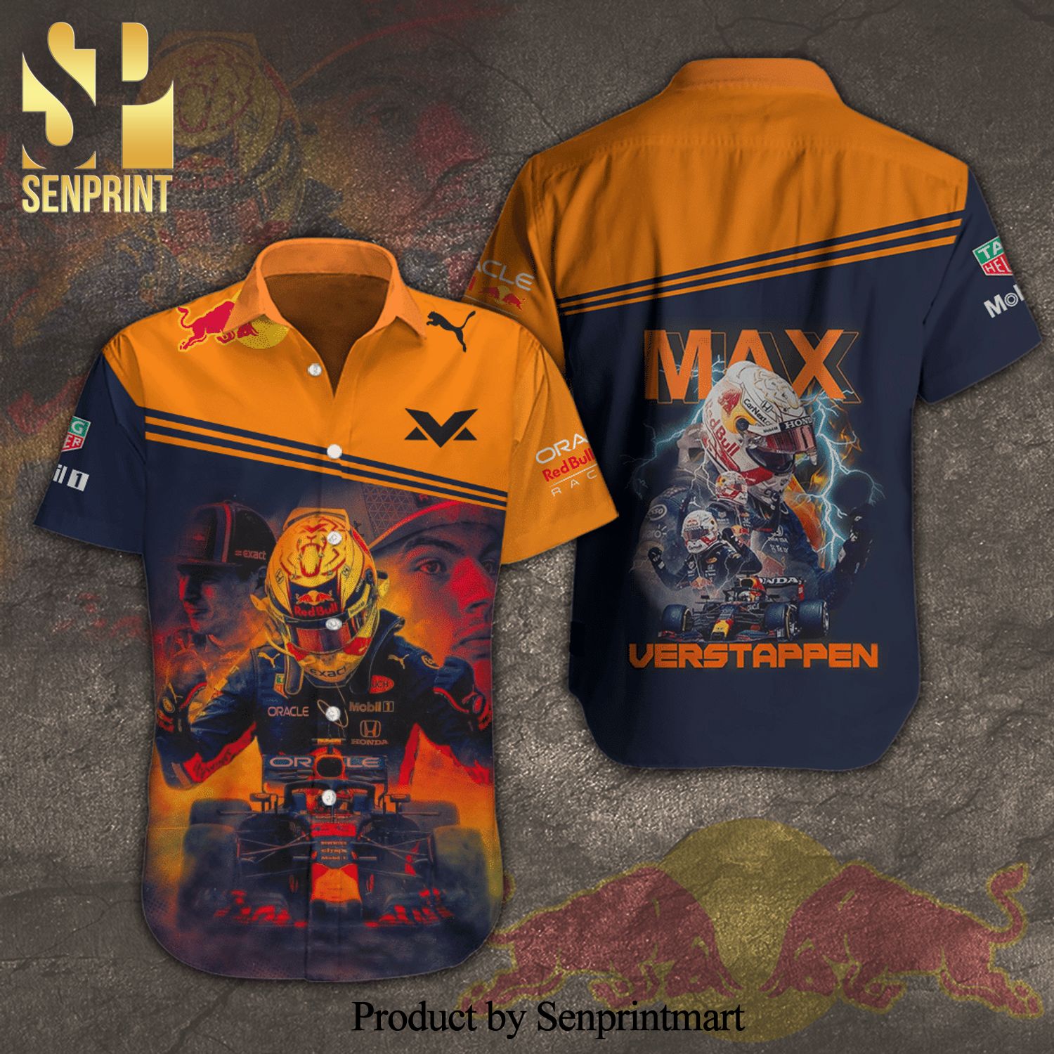 Max Verstapen Red Bull Racing Full Printing Short Sleeve Dress Shirt Hawaiian Summer Aloha Beach Shirt – Orange Navy