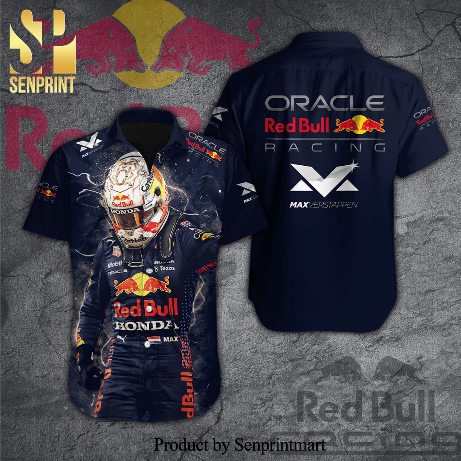 Max Verstappen MV33 Oracle Red Bull Racing Short Sleeve Dress Shirt Hawaiian Summer Aloha Beach Shirt - Navy