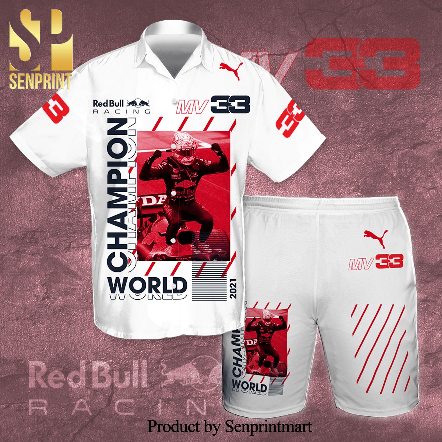 Max Verstappen MV33 Red Bull Racing Champion World Full Printing Aloha Summer Beach Hawaiian Shirt And Beach Shorts - White