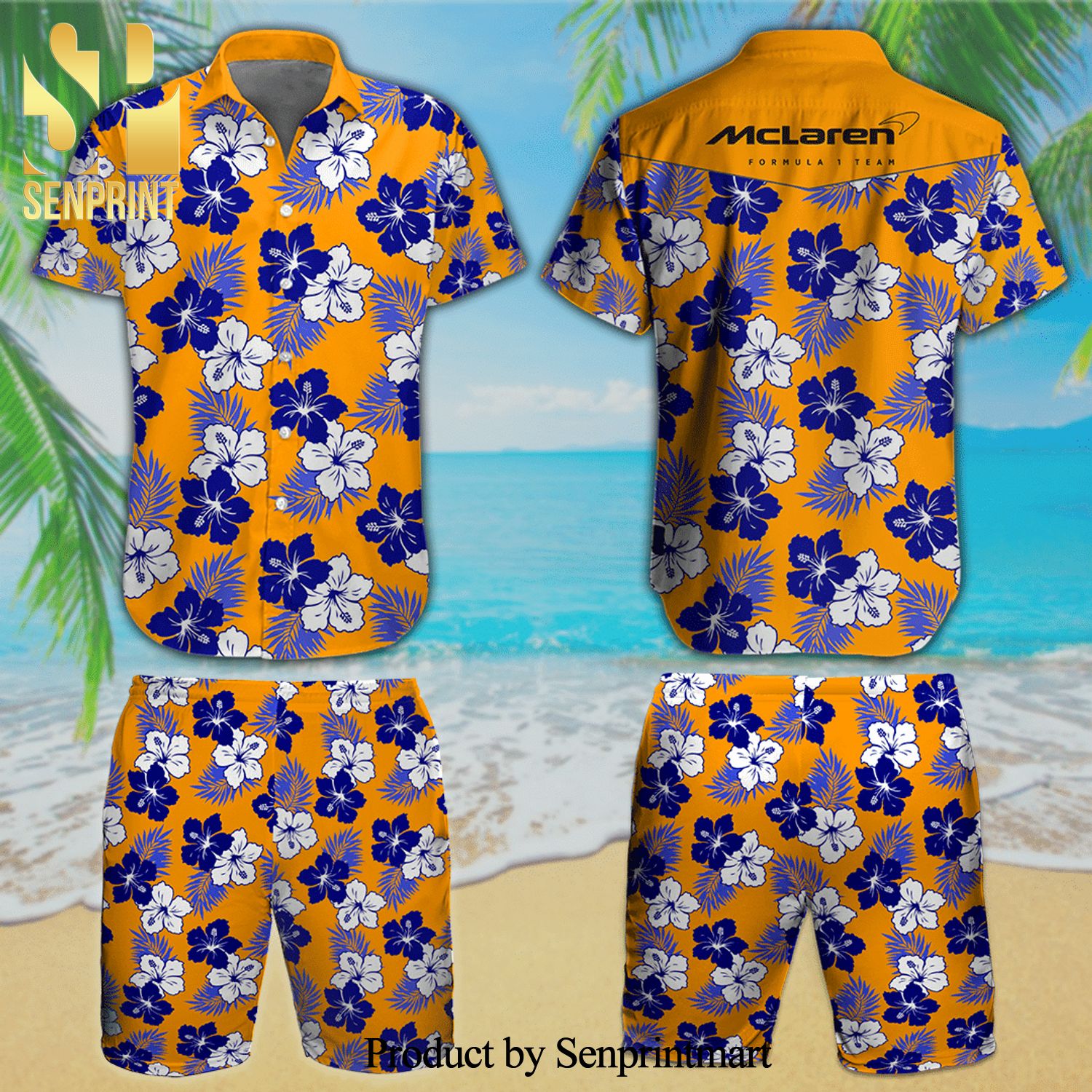 McLaren F1 Racing Full Printing Flowery Aloha Summer Beach Hawaiian Shirt And Beach Shorts – Orange