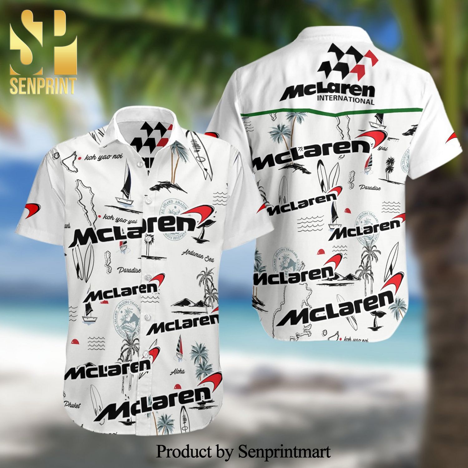 McLaren F1 Racing Full Printing Summer Short Sleeve Hawaiian Beach Shirt – White