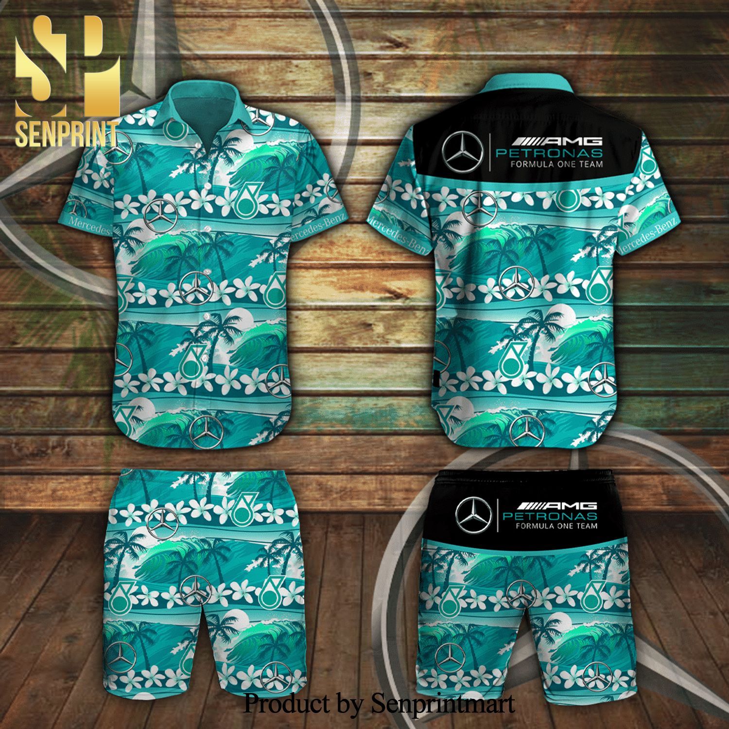 Mercedes AMG Petronas F1 Team Full Printing Flowery Aloha Summer Beach Hawaiian Shirt And Beach Shorts – Turquoise