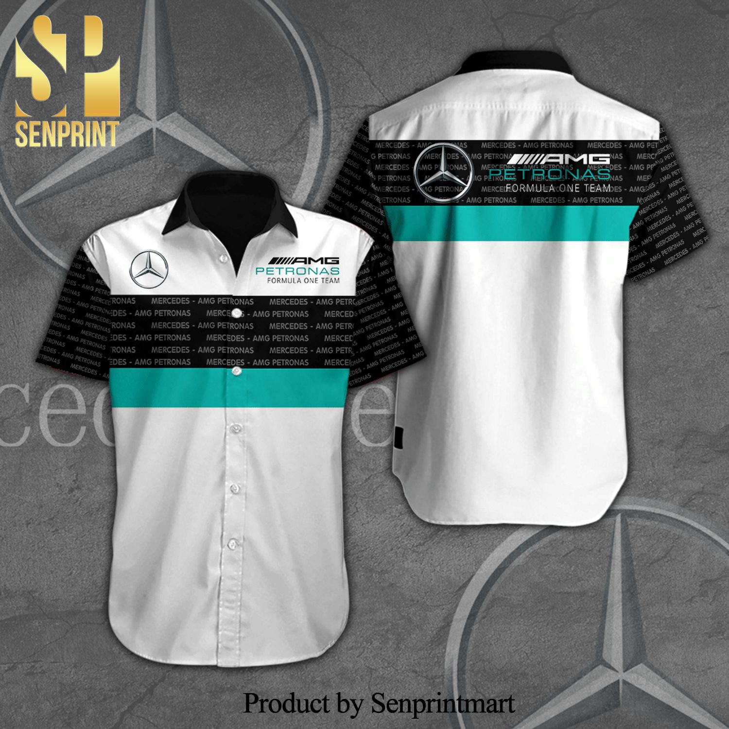 Mercedes AMG Petronas F1 Team Full Printing Short Sleeve Dress Shirt Hawaiian Summer Aloha Beach Shirt - Black White