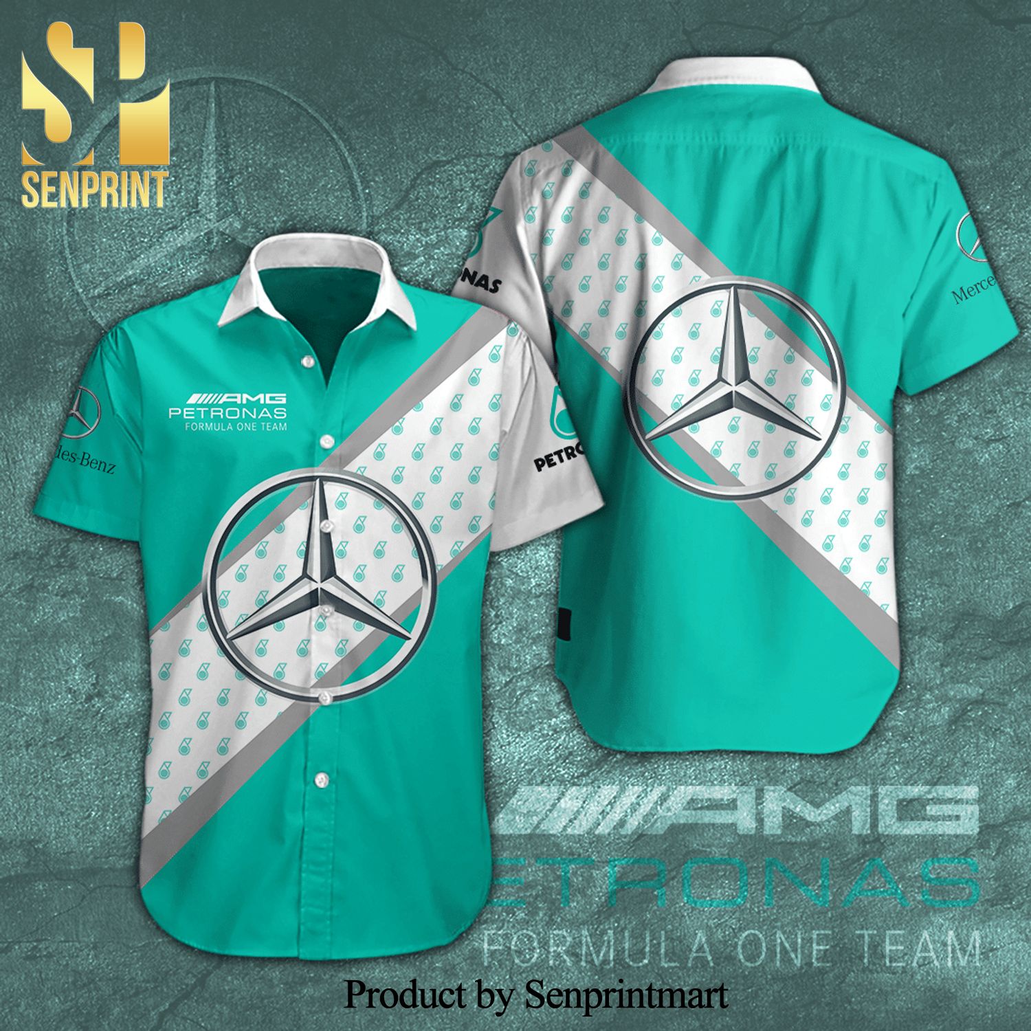 Mercedes AMG Petronas F1 Team Full Printing Short Sleeve Dress Shirt Hawaiian Summer Aloha Beach Shirt – Turquoise
