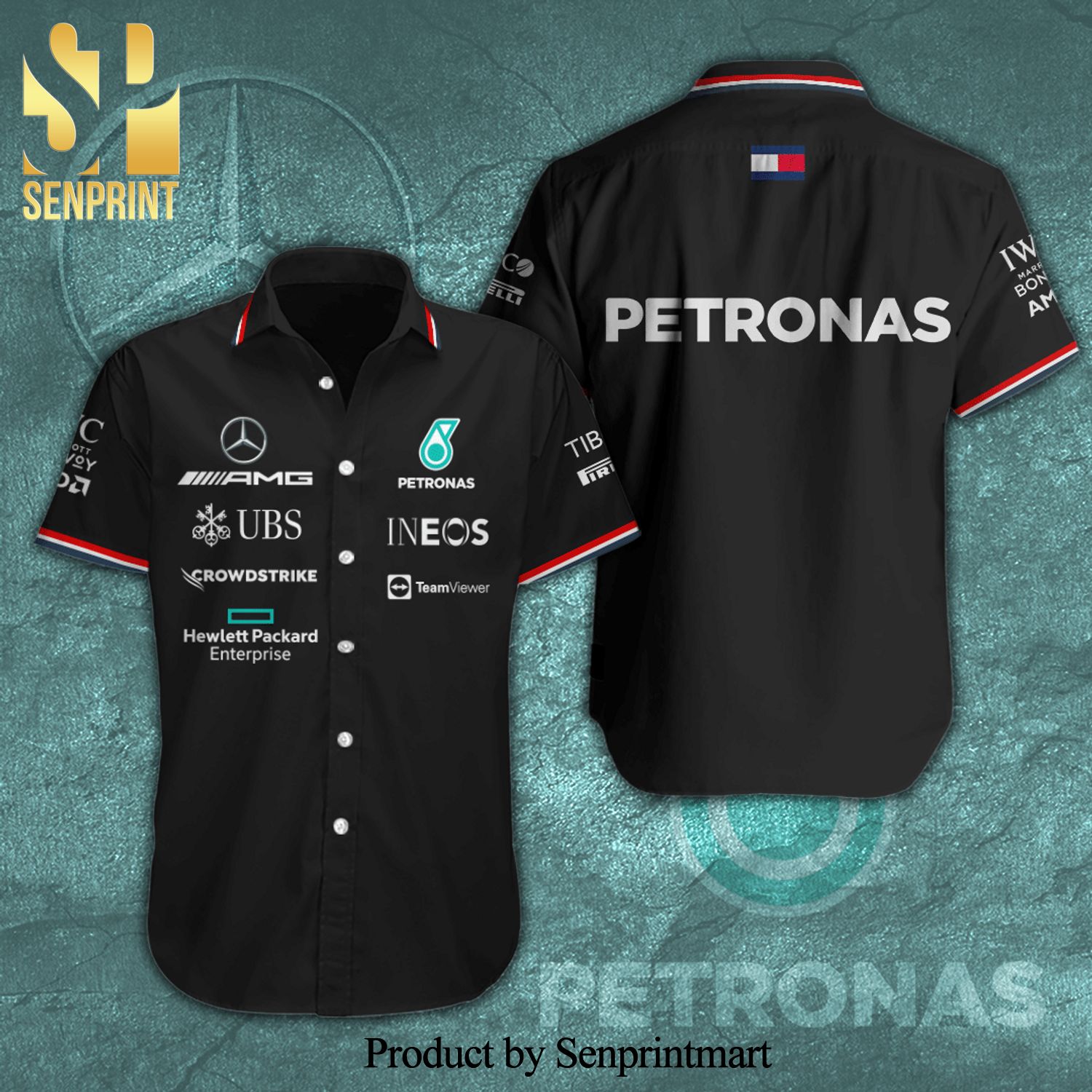 Mercedes AMG Petronas F1 Team Ineos UBS Full Printing Short Sleeve Dress Shirt Hawaiian Summer Aloha Beach Shirt – Black