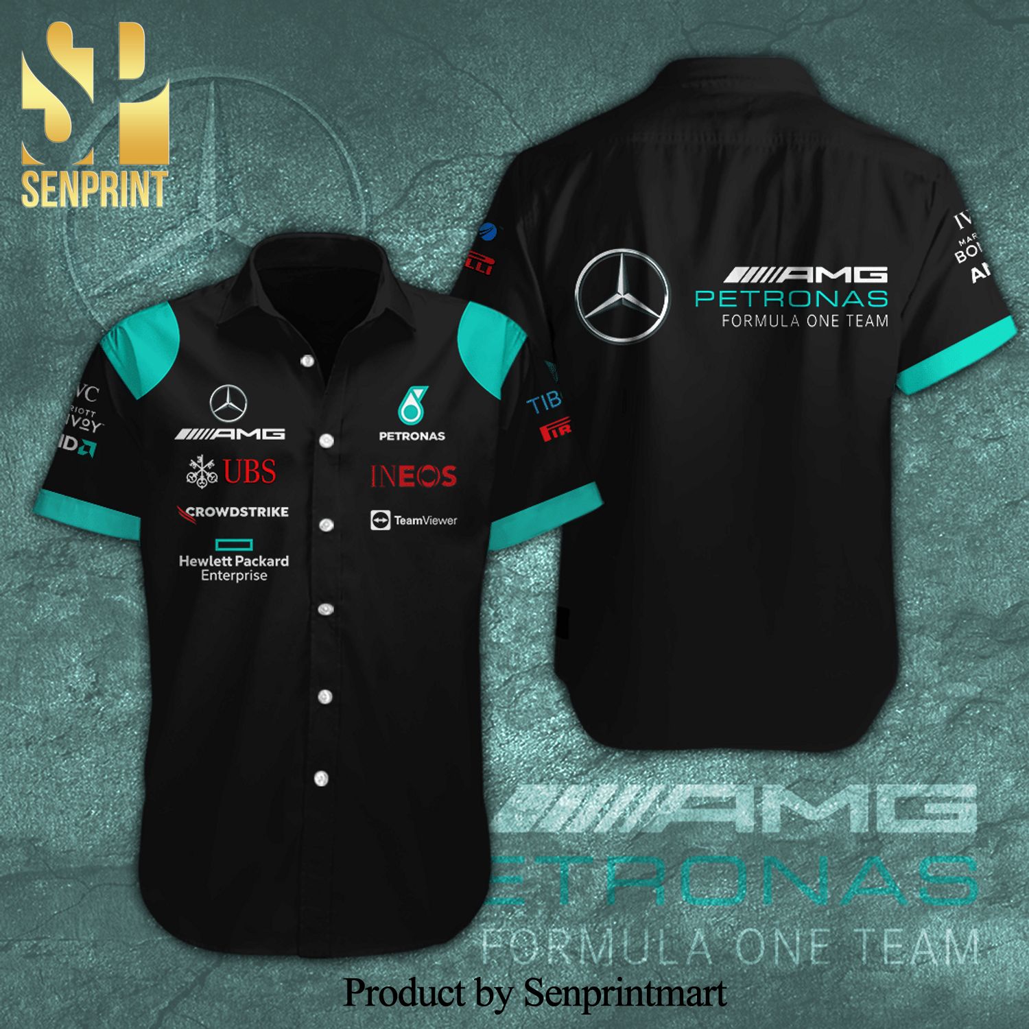 Mercedes AMG Petronas F1 Team Ineos UBS HP Full Printing Short Sleeve Dress Shirt Hawaiian Summer Aloha Beach Shirt – Black White Navy Gray