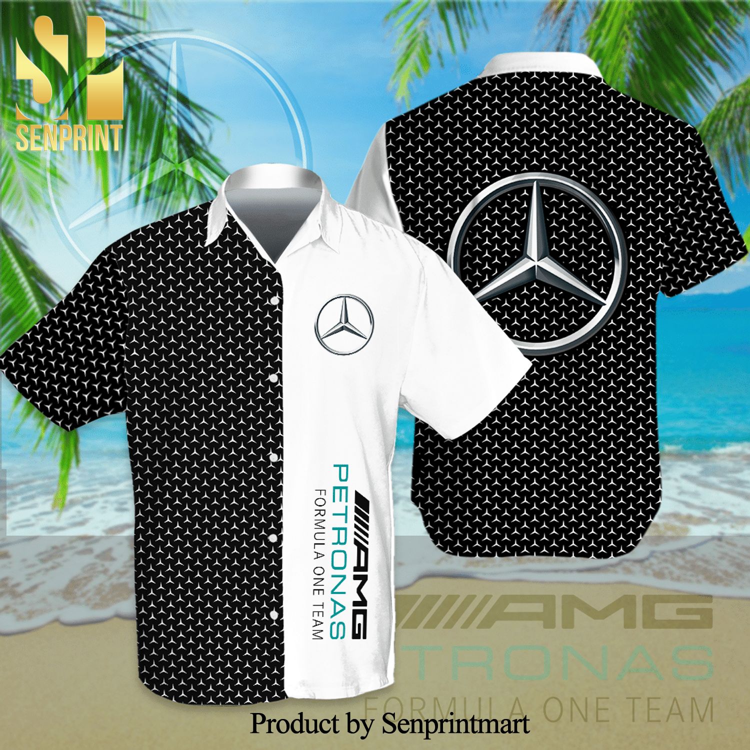 Mercedes AMG Petronas F1 Team Logo Full Printing Aloha Summer Beach Hawaiian Shirt And Beach Shorts - Black White