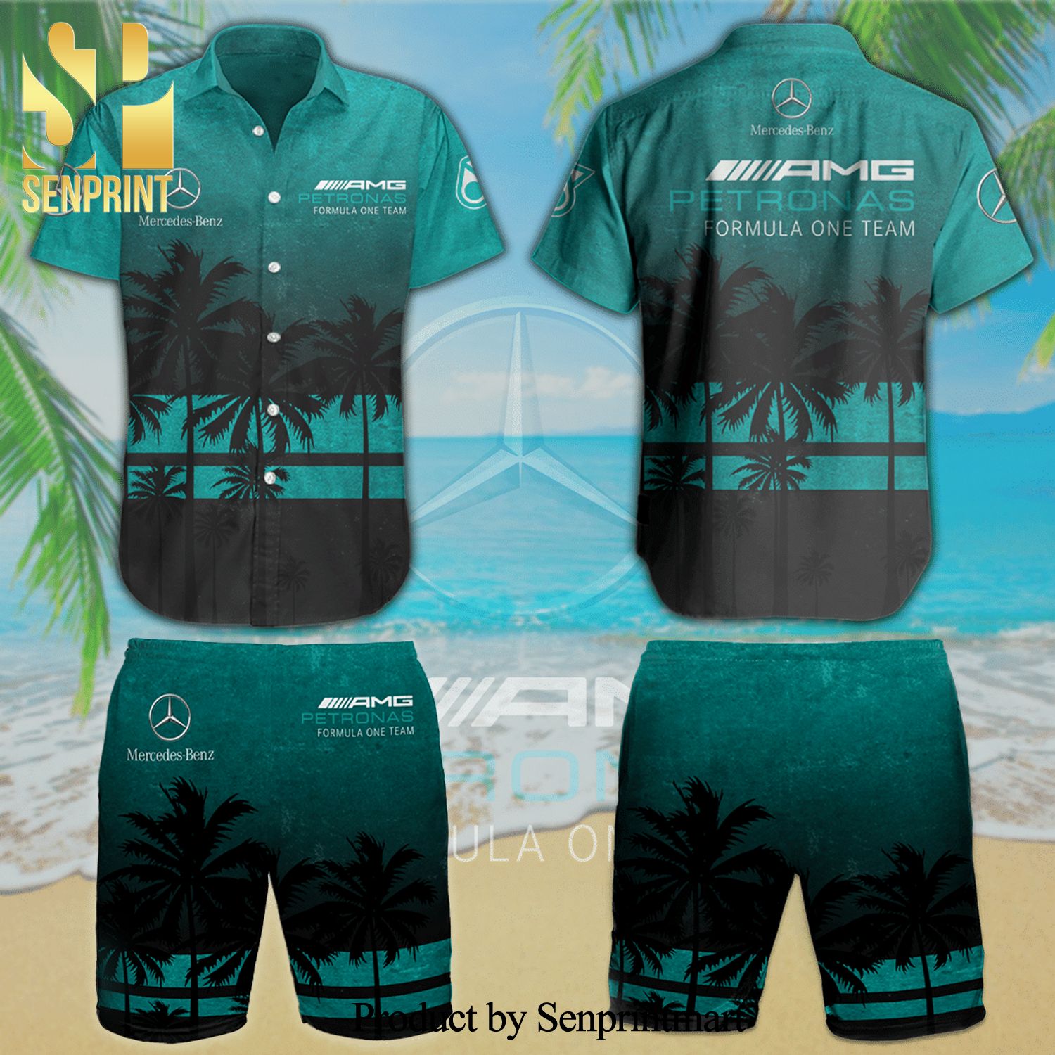 Mercedes AMG Petronas F1 Team Palm Tree Full Printing Aloha Summer Beach Hawaiian Shirt And Beach Shorts - Black Turquoise
