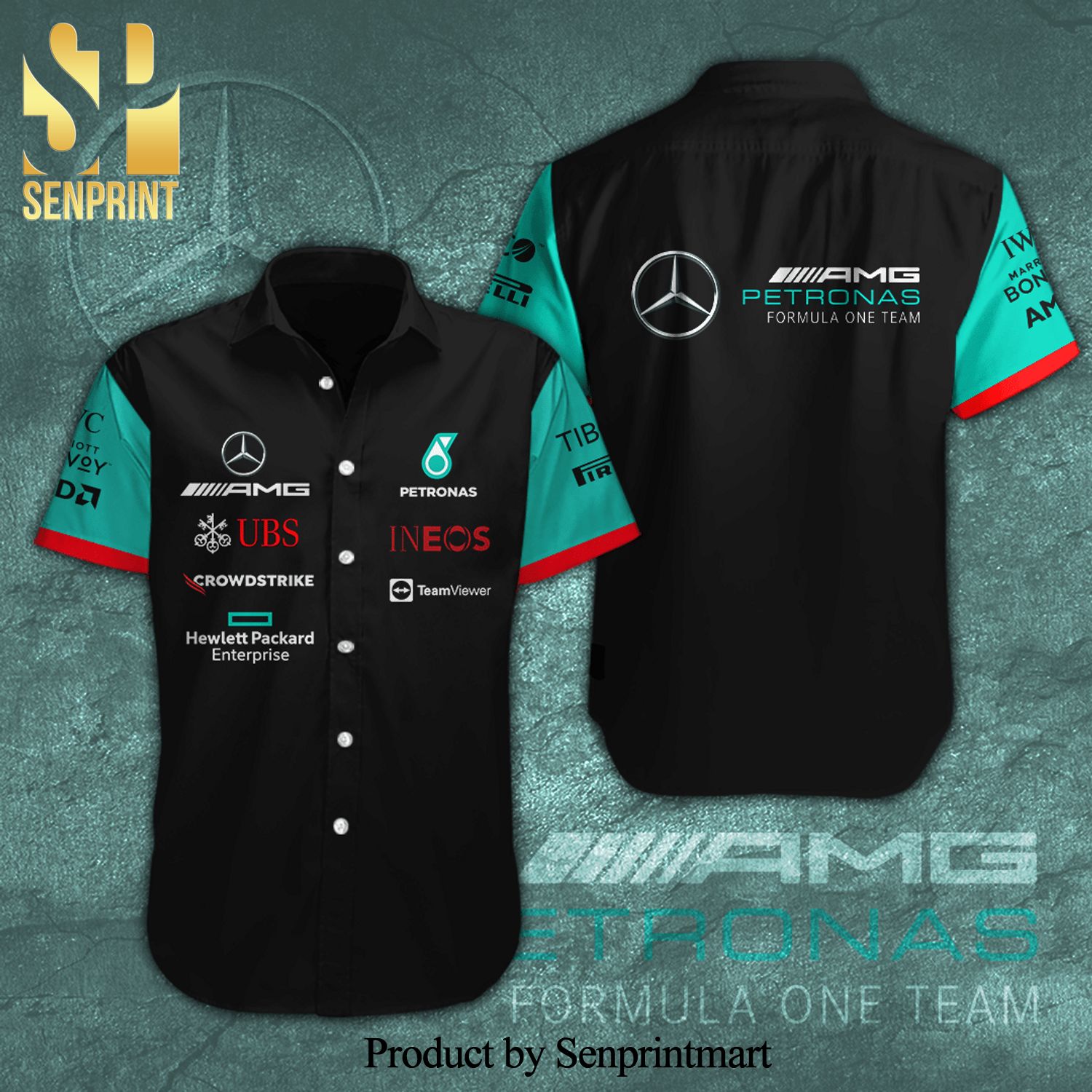 Mercedes AMG Petronas F1 Team Pirelli Ineos Ubs Full Printing Short Sleeve Dress Shirt Hawaiian Summer Aloha Beach Shirt - Black White Navy