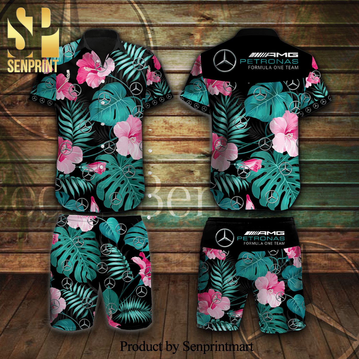 Mercedes AMG Petronas F1Team Full Printing Flowery Aloha Summer Beach Hawaiian Shirt And Beach Shorts – Black