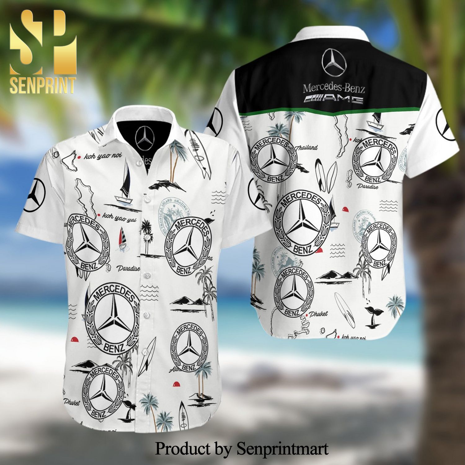 Mercedes-Benz AMG F1 Racing Summer Short Sleeve Hawaiian Beach Shirt - White