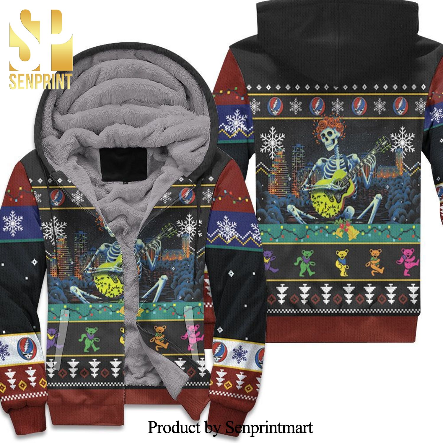 Grateful Dead Christmas Bears Guitar Playing Skull Christmas Kniting Pattern New Fashion Unisex Fleece Hoodie