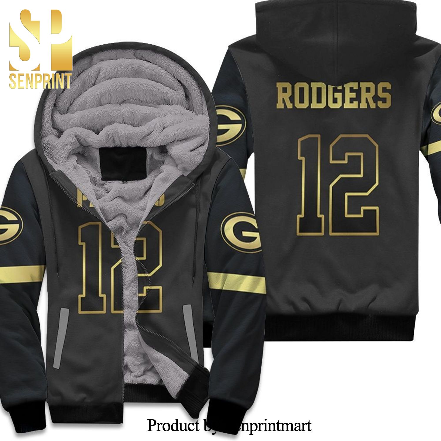 Green Bay Packers 12 Aaron Rodgers Black Golden Edition Inspired Street Style All Over Print Unisex Fleece Hoodie