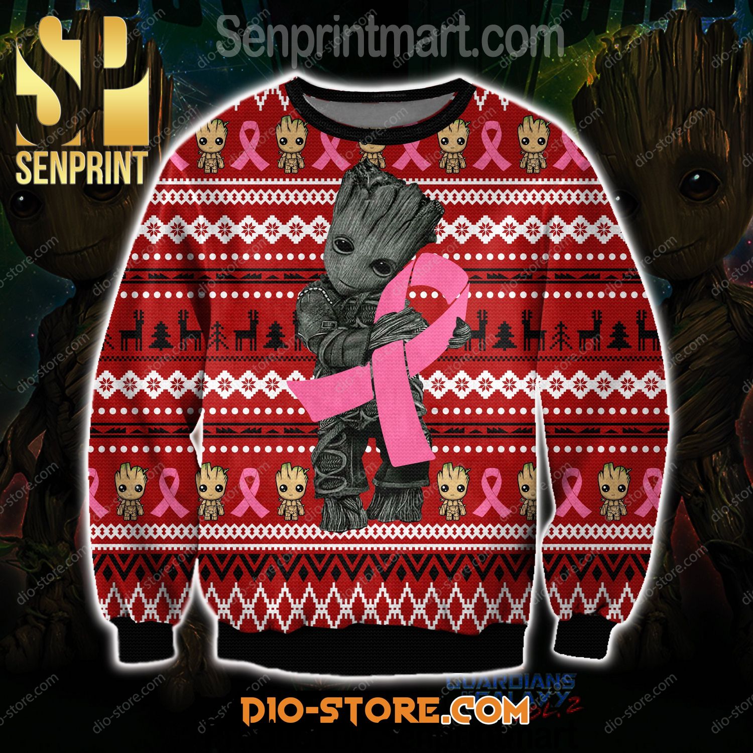 Cancer With Groot Xmas Time All Over Printed Wool Ugly Sweater