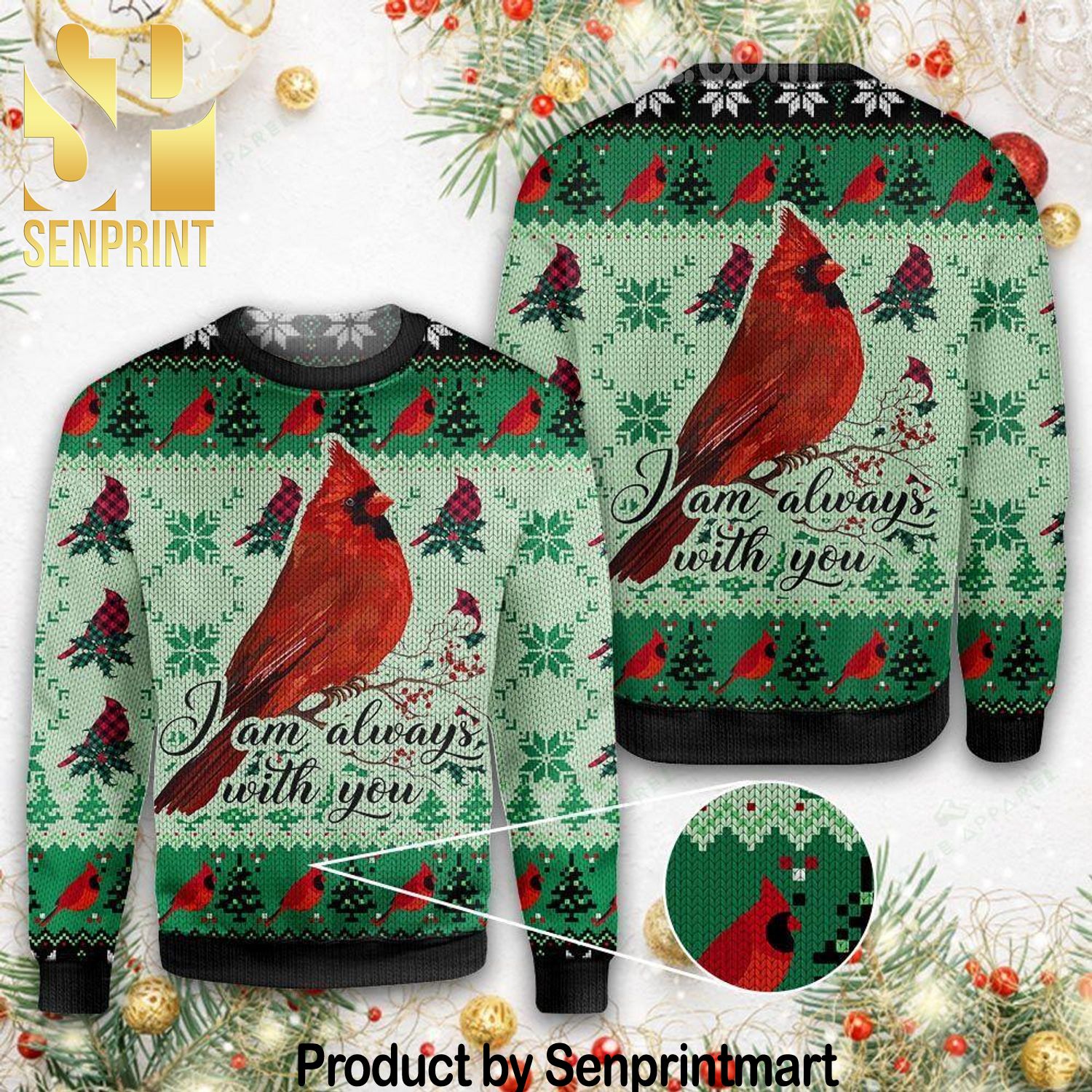 Cardinal I am Always With You All Over Printed Christmas Knitted Wool Sweater