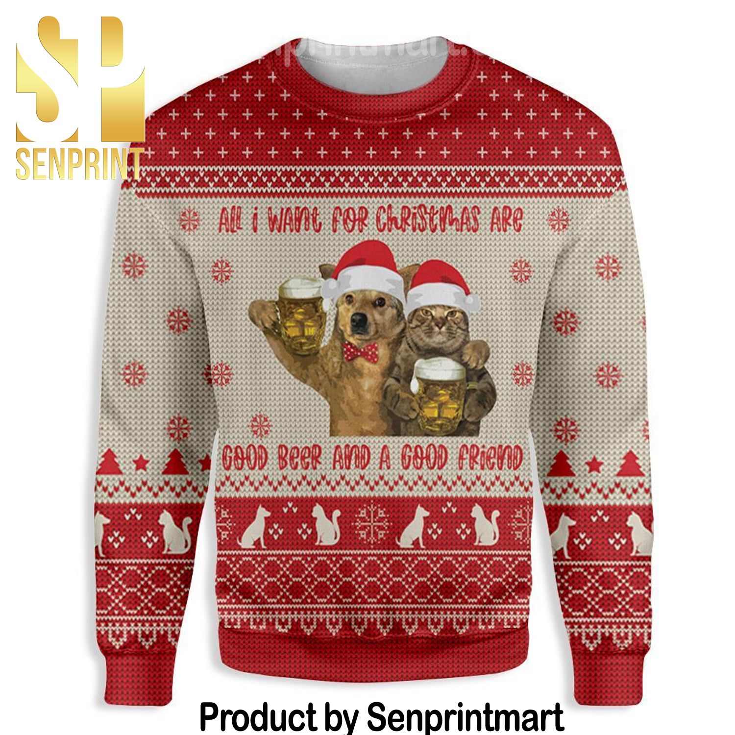 Cat All I Want For Christmas Are Good Beer And A Good Friend Xmas Gifts Full Printed Wool Ugly Christmas Sweater