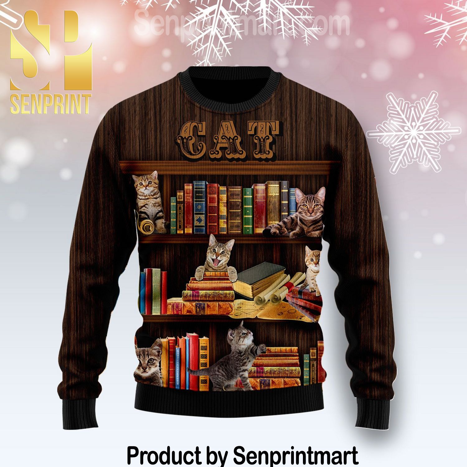 Cat Bookcase Holiday Gifts Wool Knitting Sweater