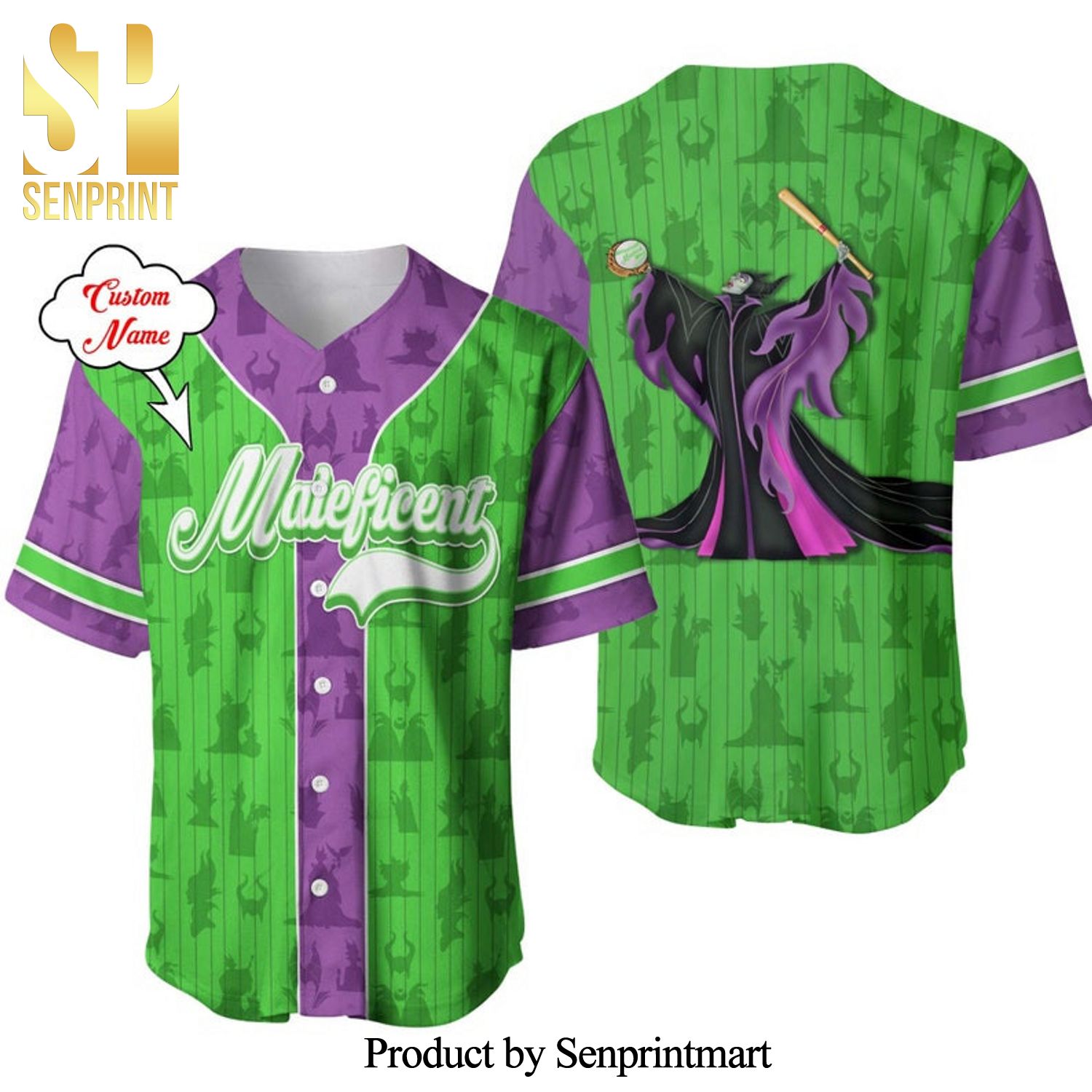 Personalized Maleficent Pattern Disney Villian Full Printing Pinstripe Baseball Jersey - Green