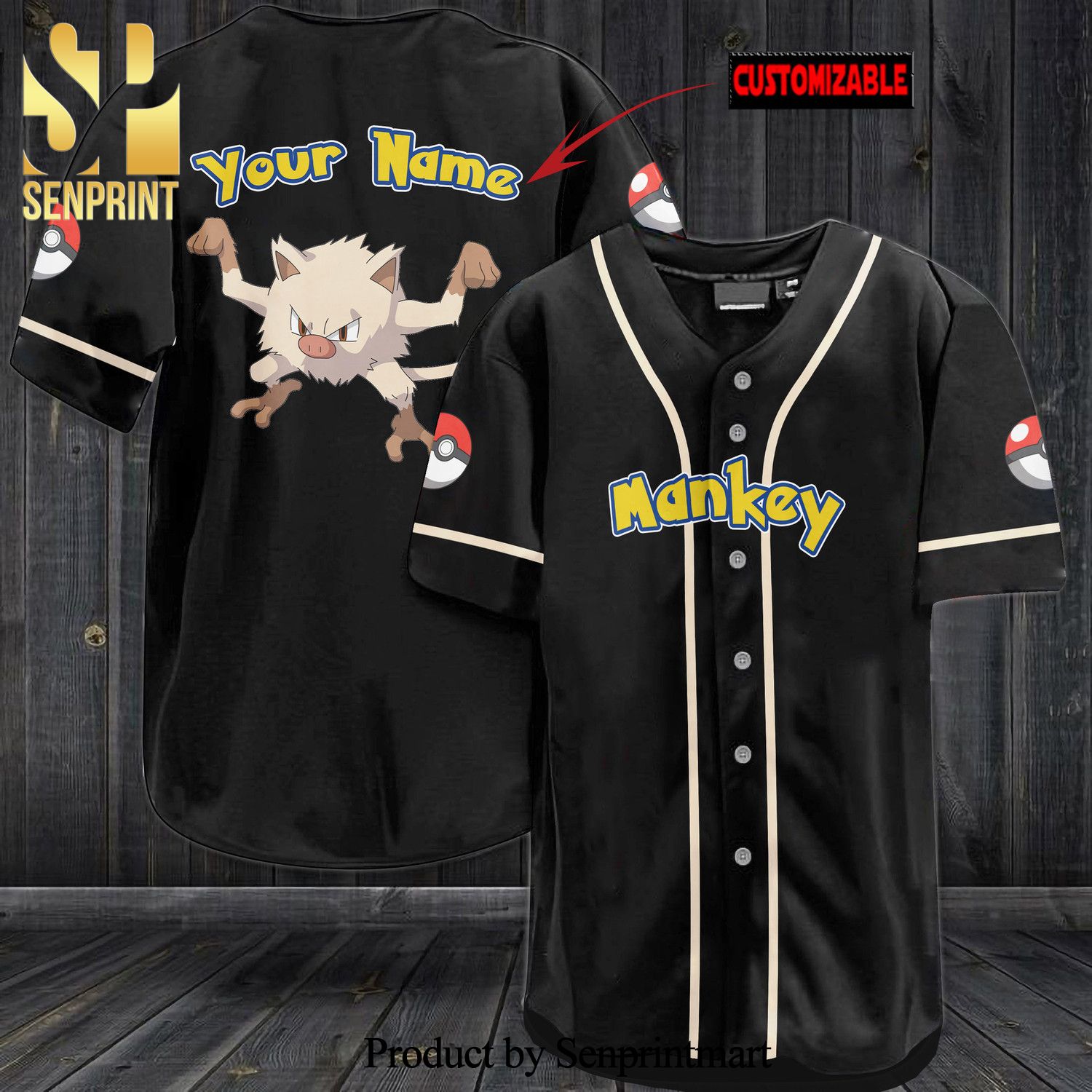 Personalized Mankey All Over Print Baseball Jersey – Black