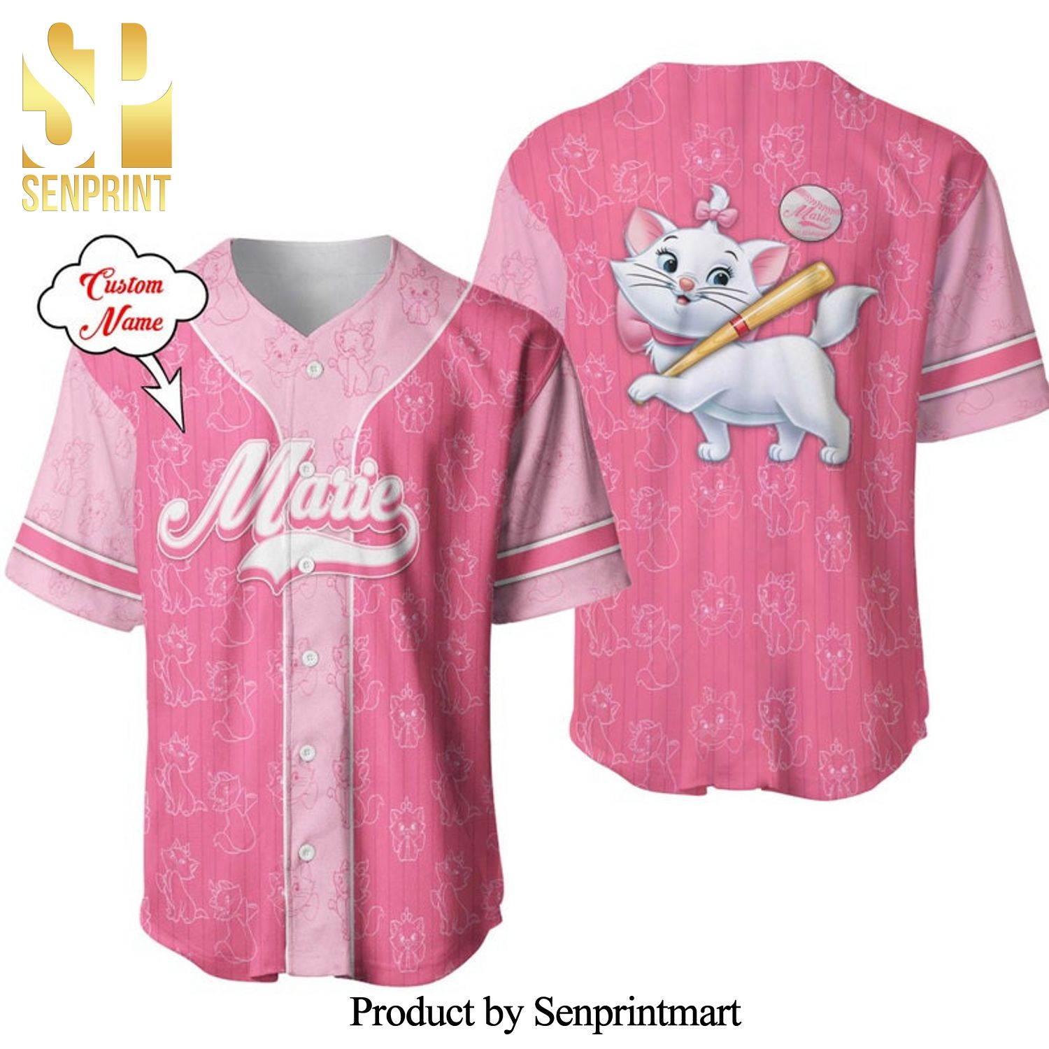 Personalized Marie Cat Pattern Disney The Aristocats Full Printing Pinstripe Baseball Jersey – Pink