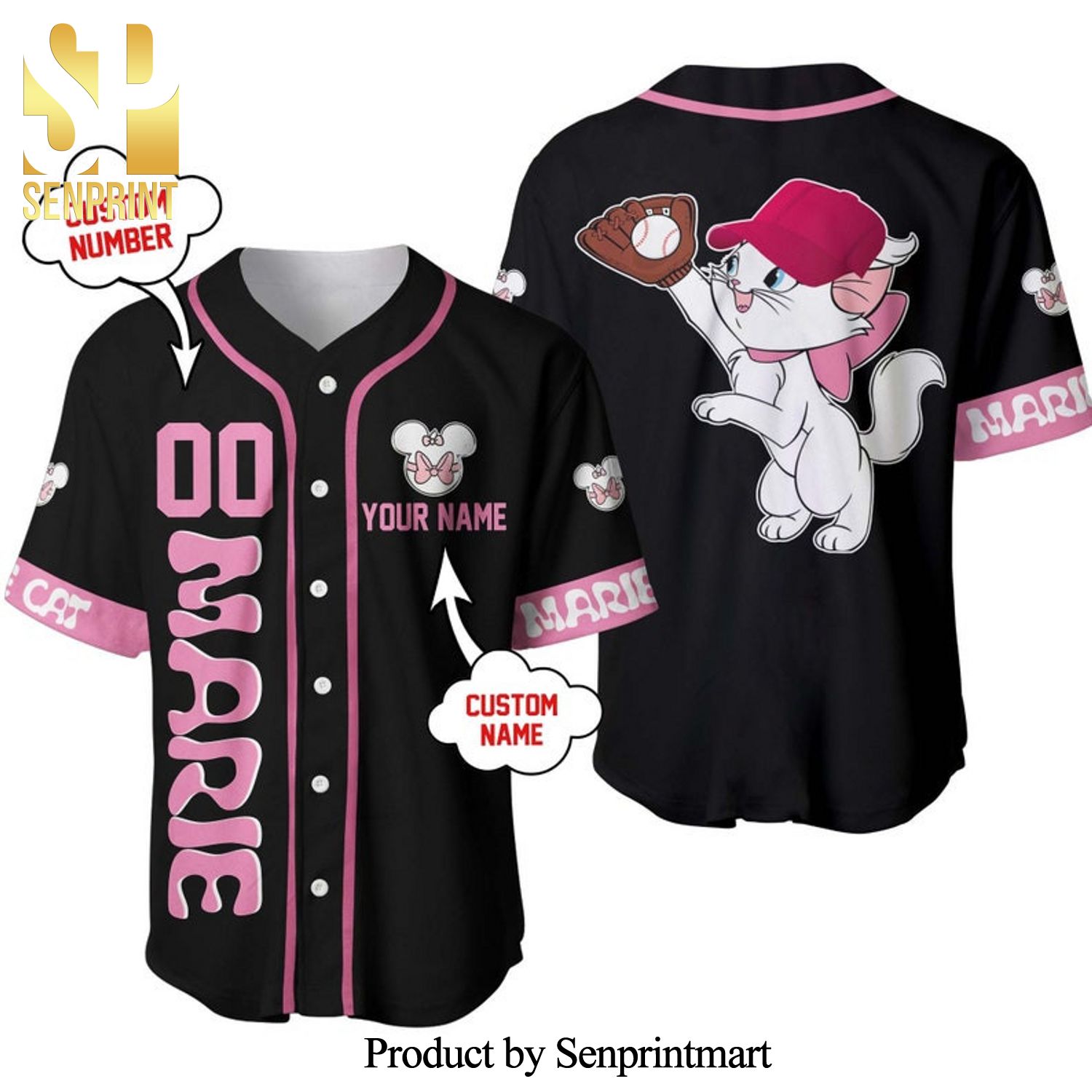 Personalized Marie Cat Playing Baseball All Over Print Baseball Jersey - Black