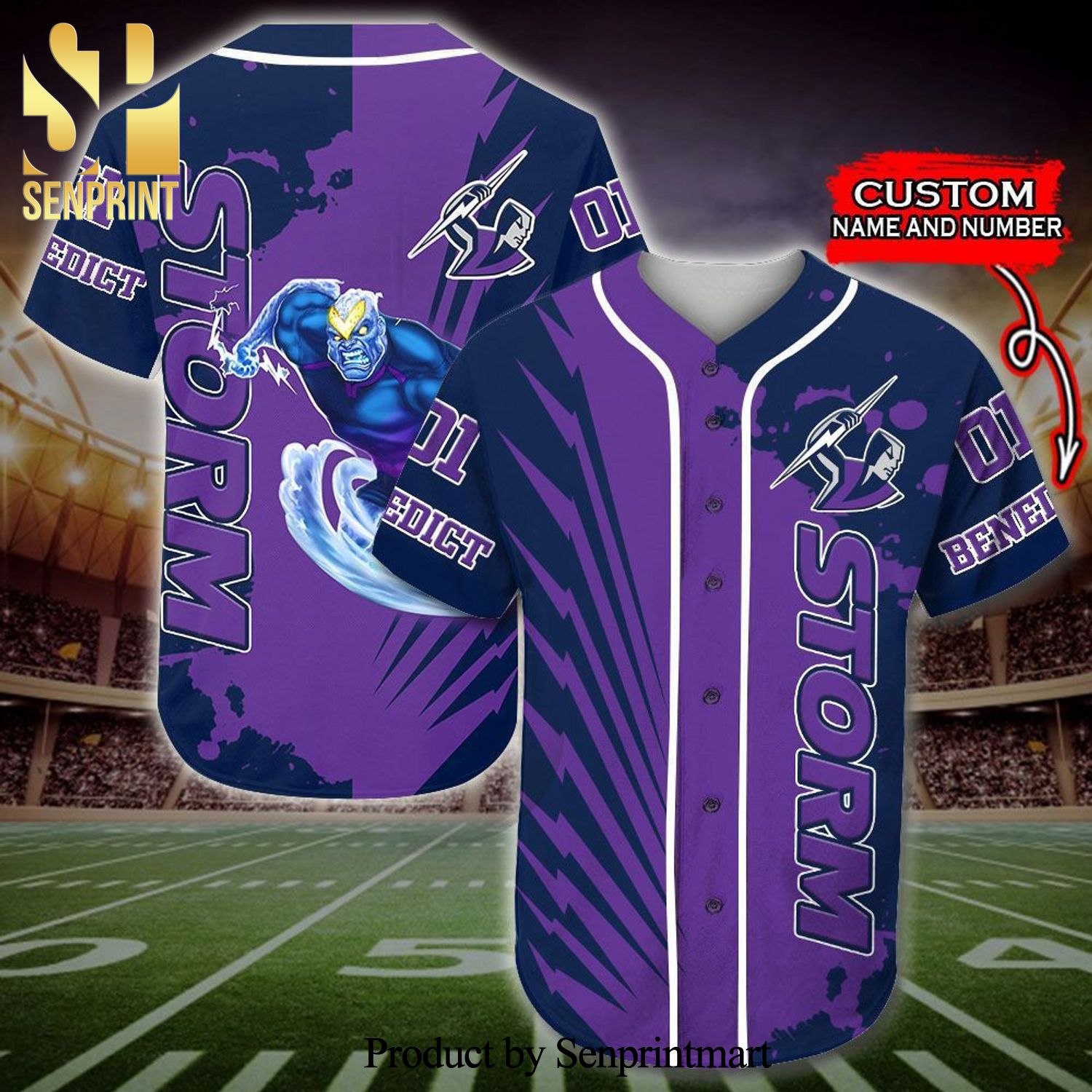 Personalized Melbourne Storm Mascot NRL Full Printing Baseball Jersey – Purple