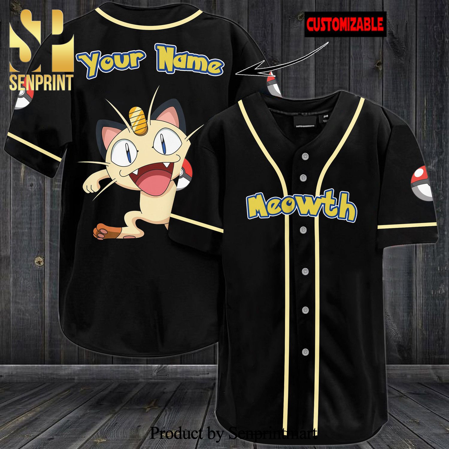 Personalized Meowth All Over Print Baseball Jersey - Black