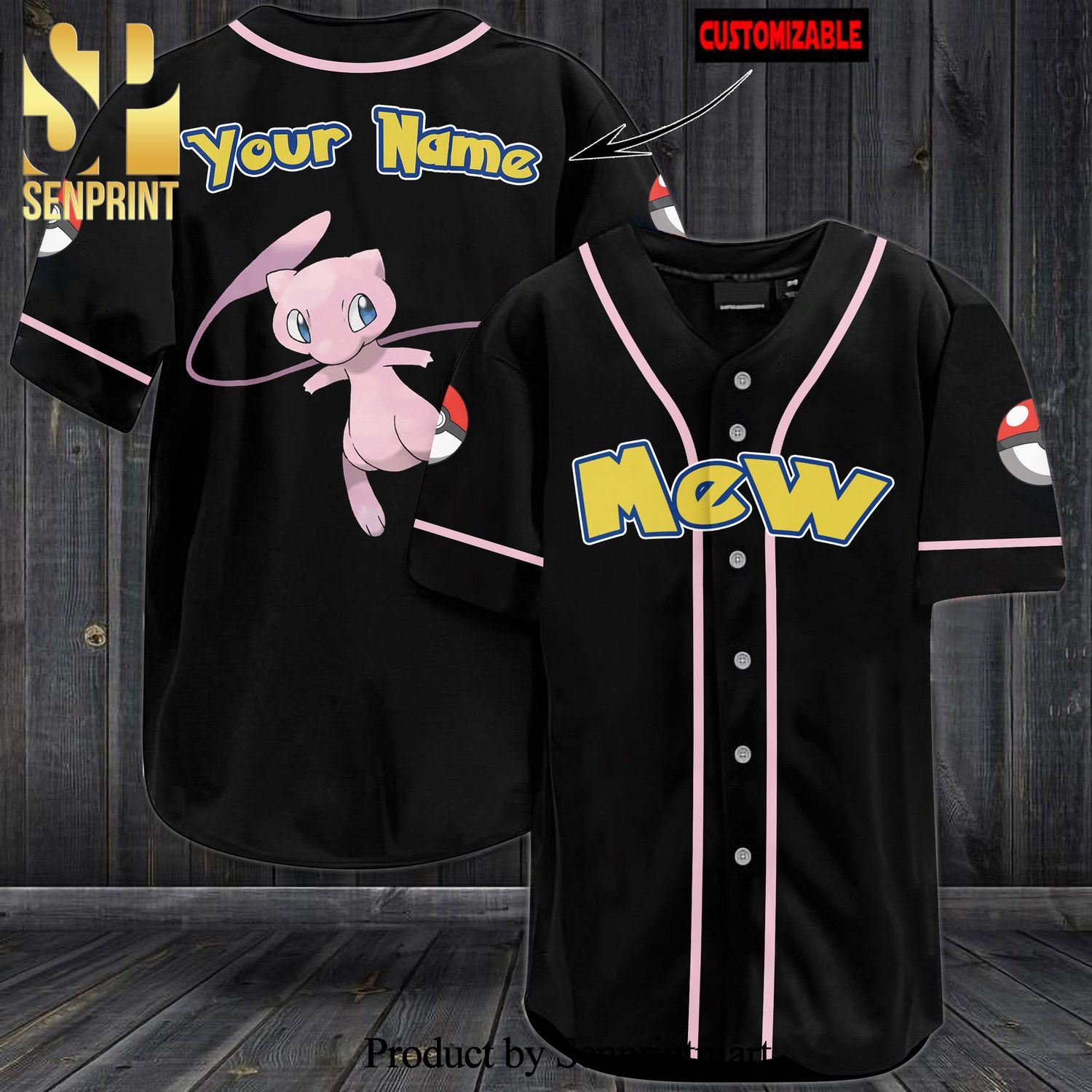 Personalized Mew All Over Print Baseball Jersey – Black