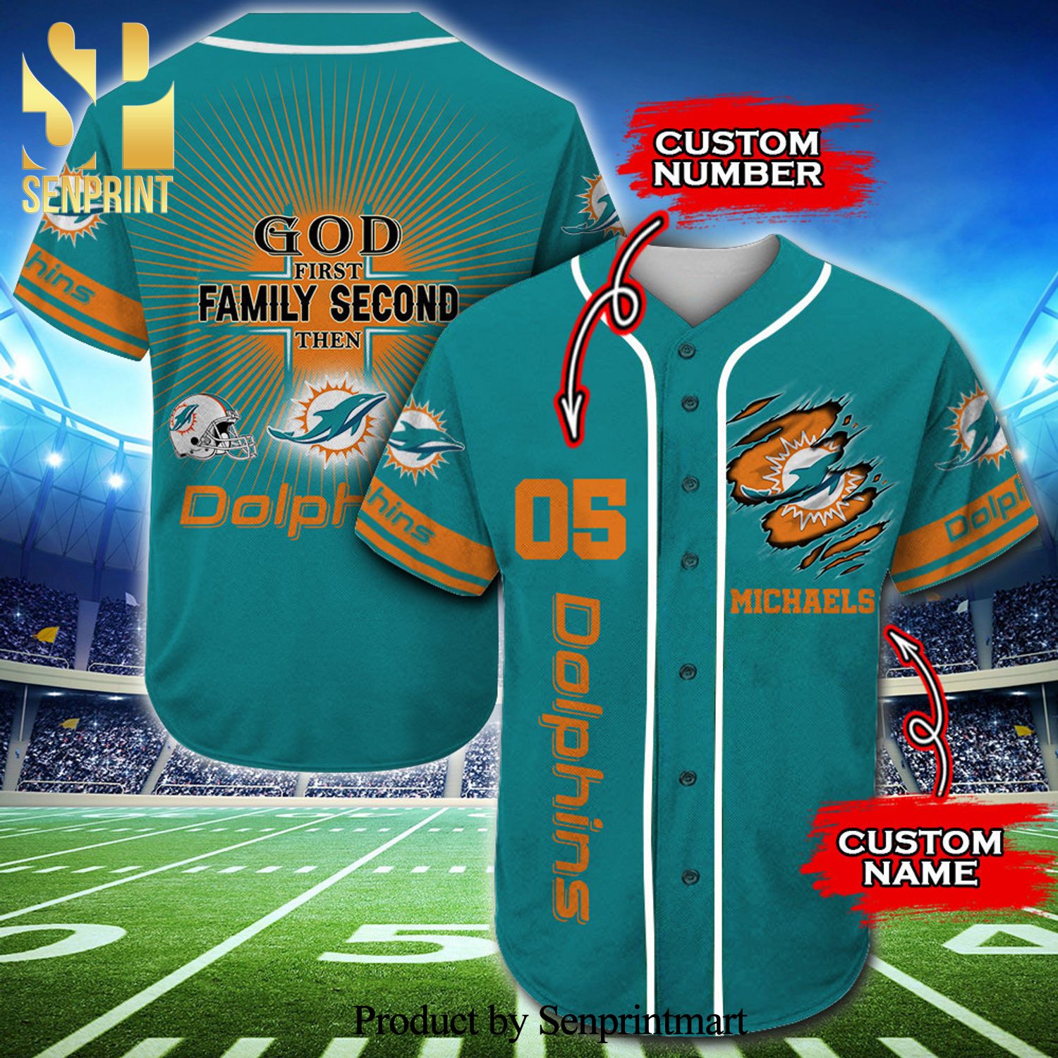 Personalized Miami Dolphins Full Printing Baseball Jersey