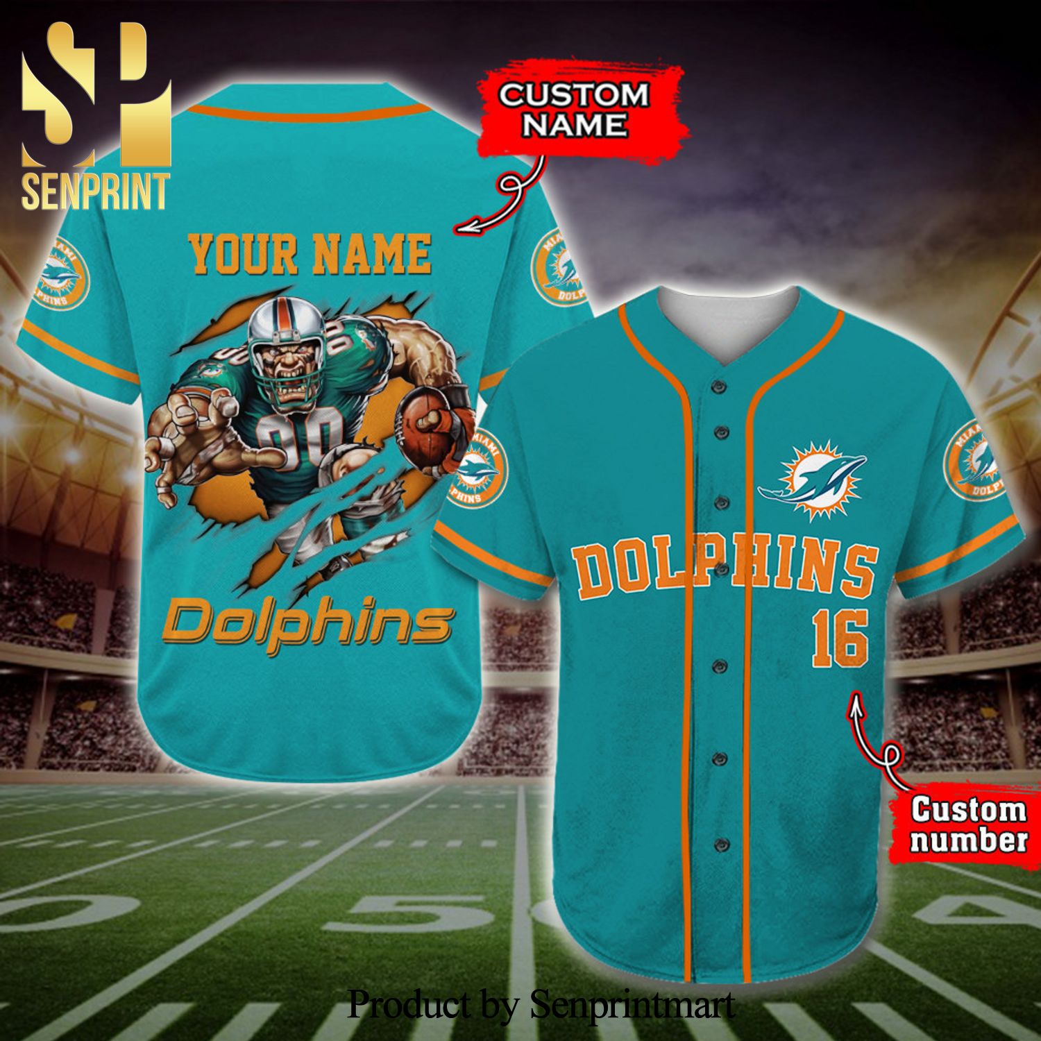 Personalized Miami Dolphins Mascot Full Printing Baseball Jersey