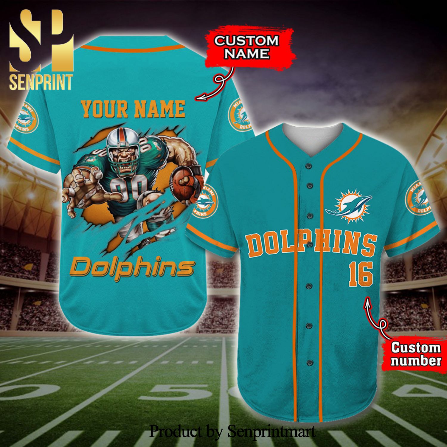 Personalized I Am A Miami Dolphins Fan Mascot Full Printing Baseball Jersey  - Cyan Blue - Senprintmart Store