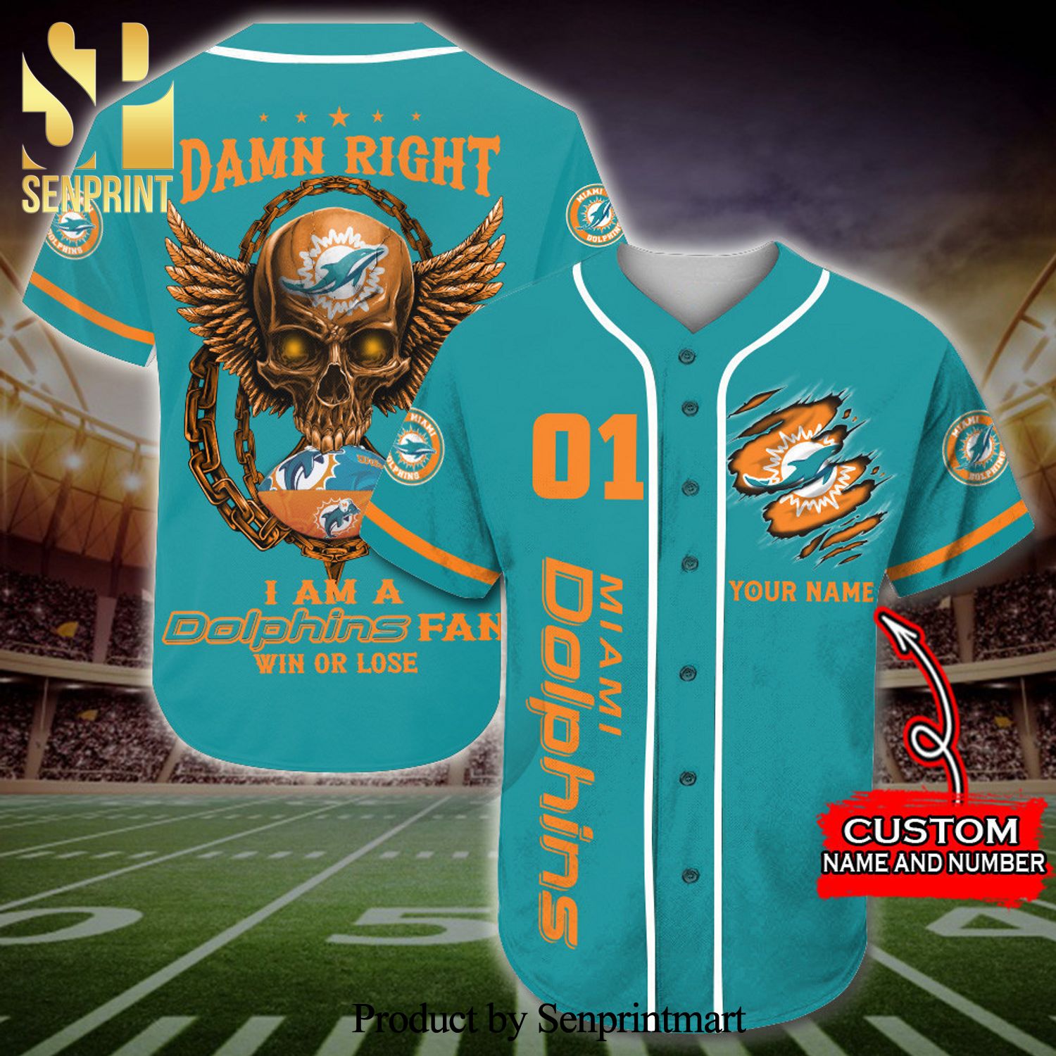 Personalized Miami Dolphins Skull Damn Right Full Printing Baseball Jersey