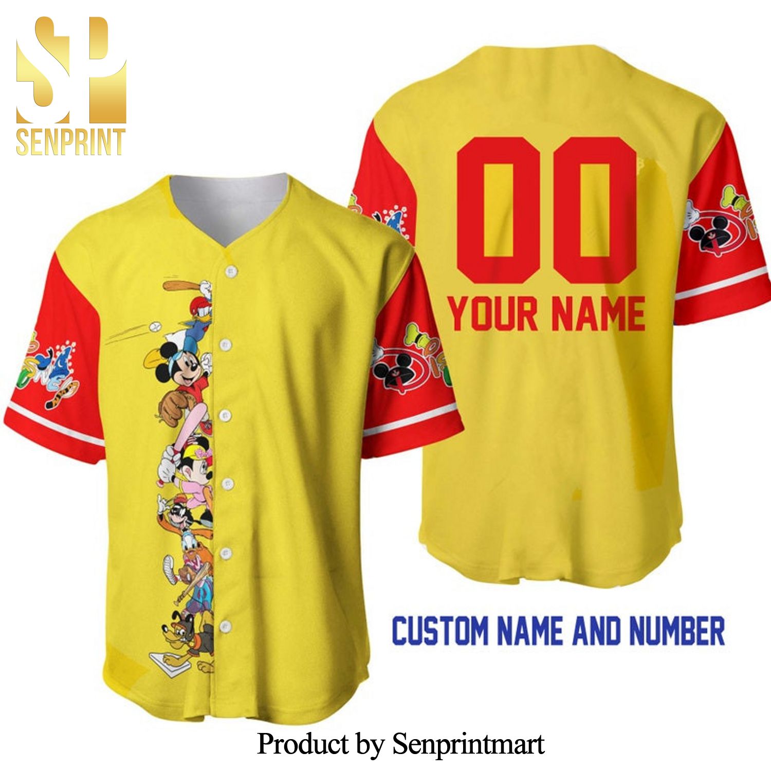 Personalized Mickey Minnie & Friends All Over Print Baseball Jersey - Yellow