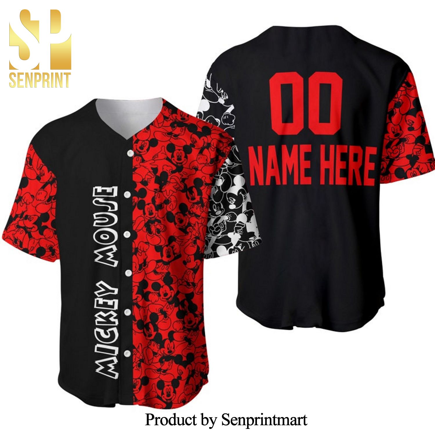 Personalized Mickey Mouse Pattern All Over Print Baseball Jersey – Red & Black