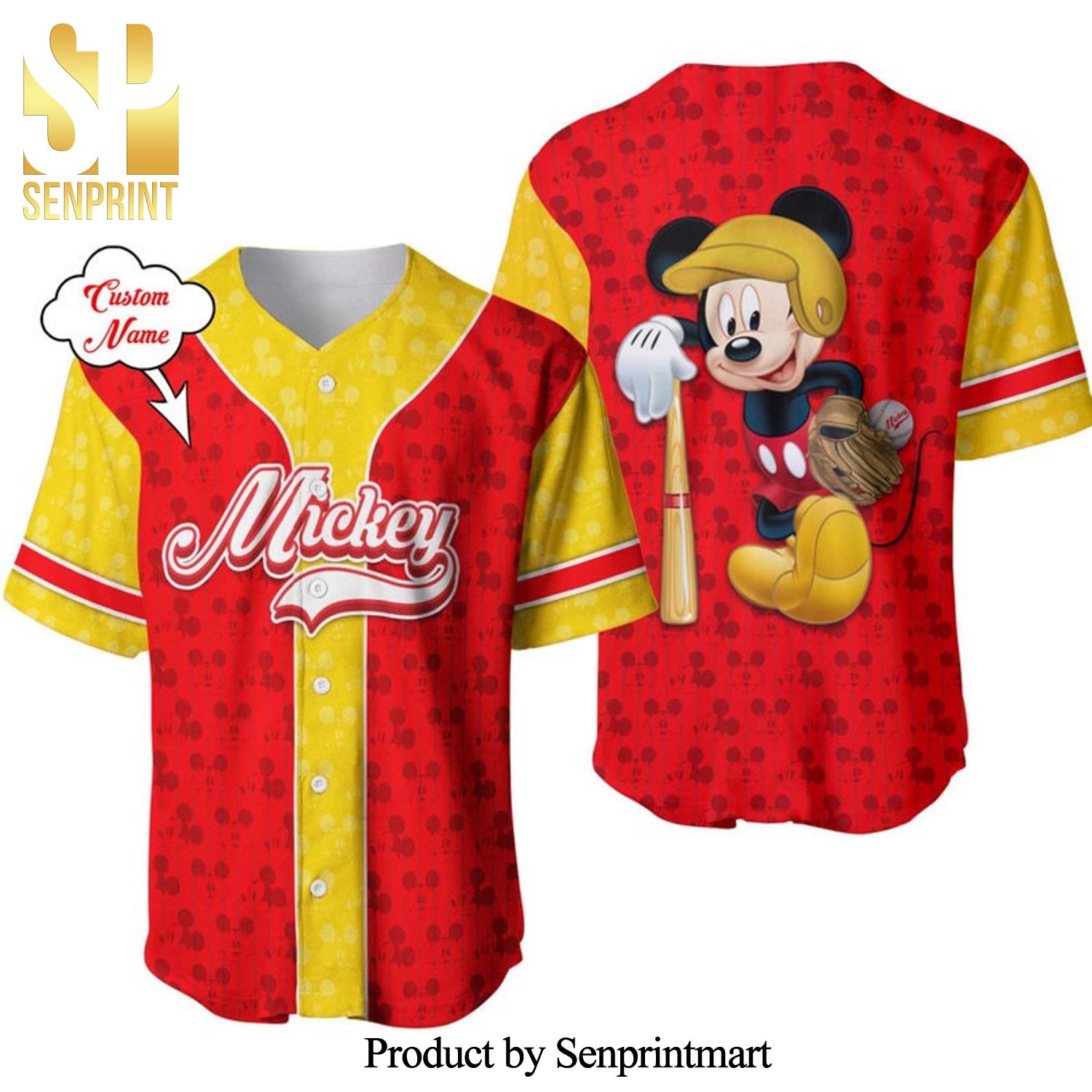 Personalized Mickey Mouse Pattern Disney Full Printing Pinstripe Baseball Jersey – Red