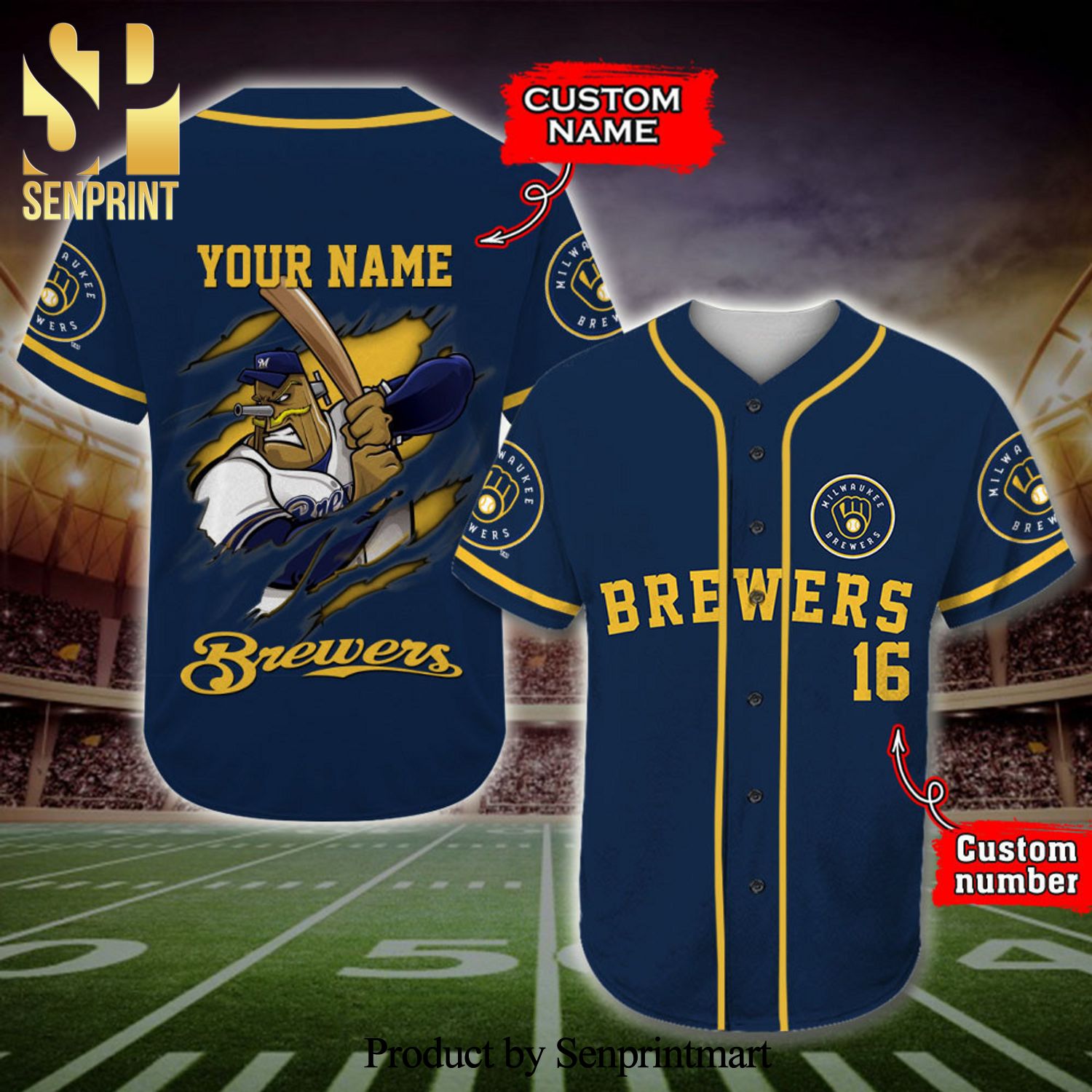 Personalized Milwaukee Brewers Mascot Full Printing Baseball Jersey – Navy