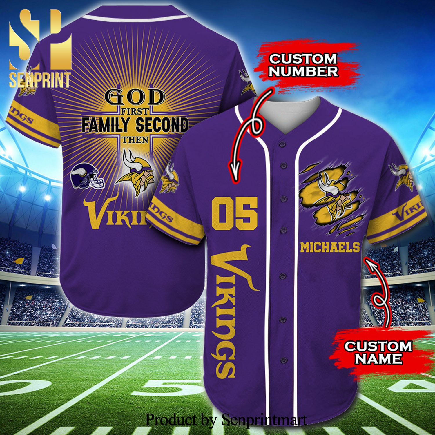 Personalized Minnesota Vikings God First Family Second Full Printing Baseball Jersey