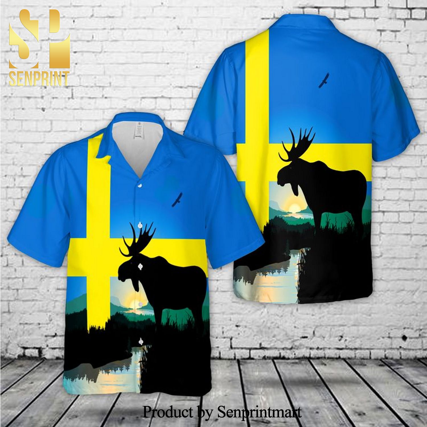 Moose With Swedish Flag Full Printed Hawaiian Shirt