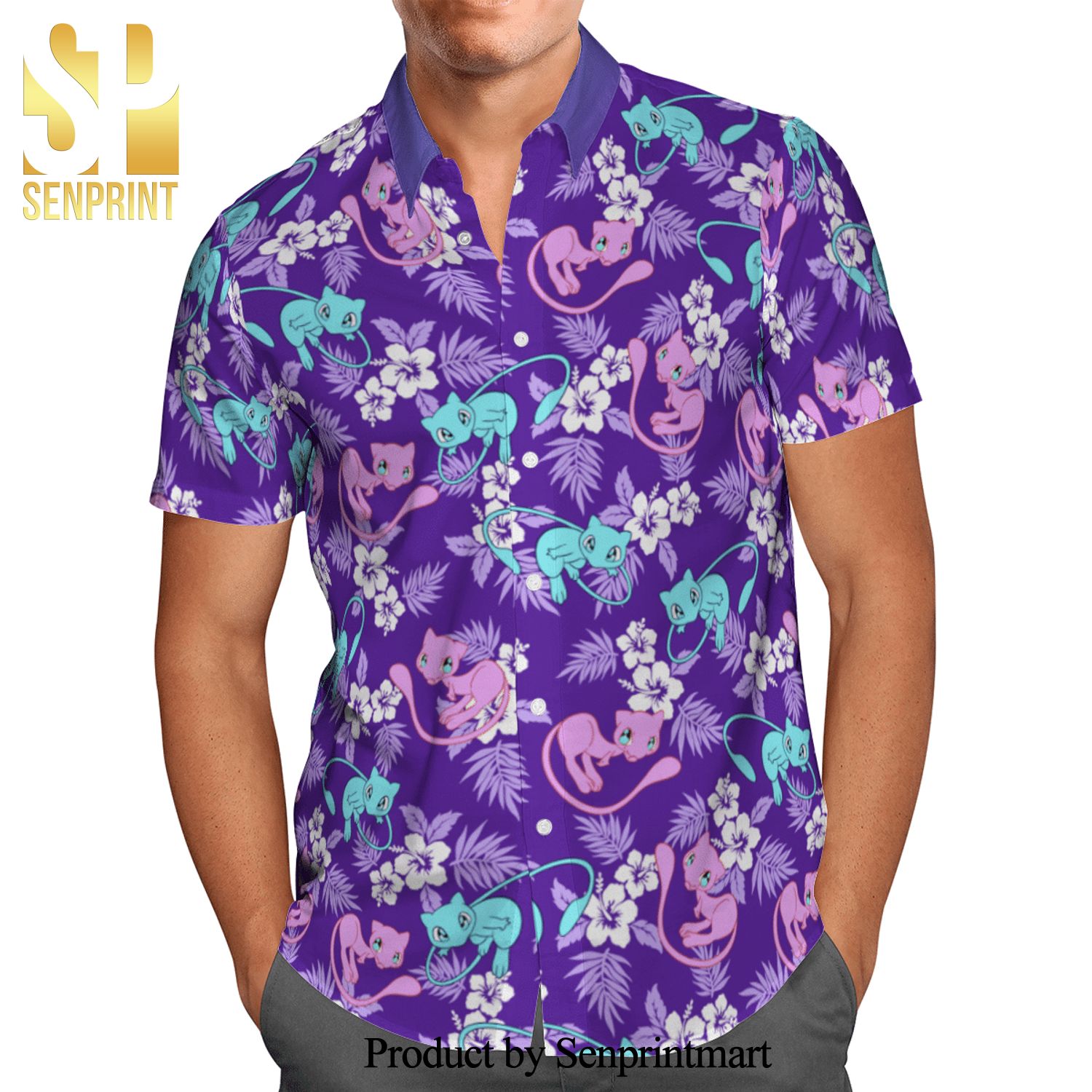 Pokemon Mew Mewtwo Tropical Flower Full Printing Hawaiian Shirt – Purple
