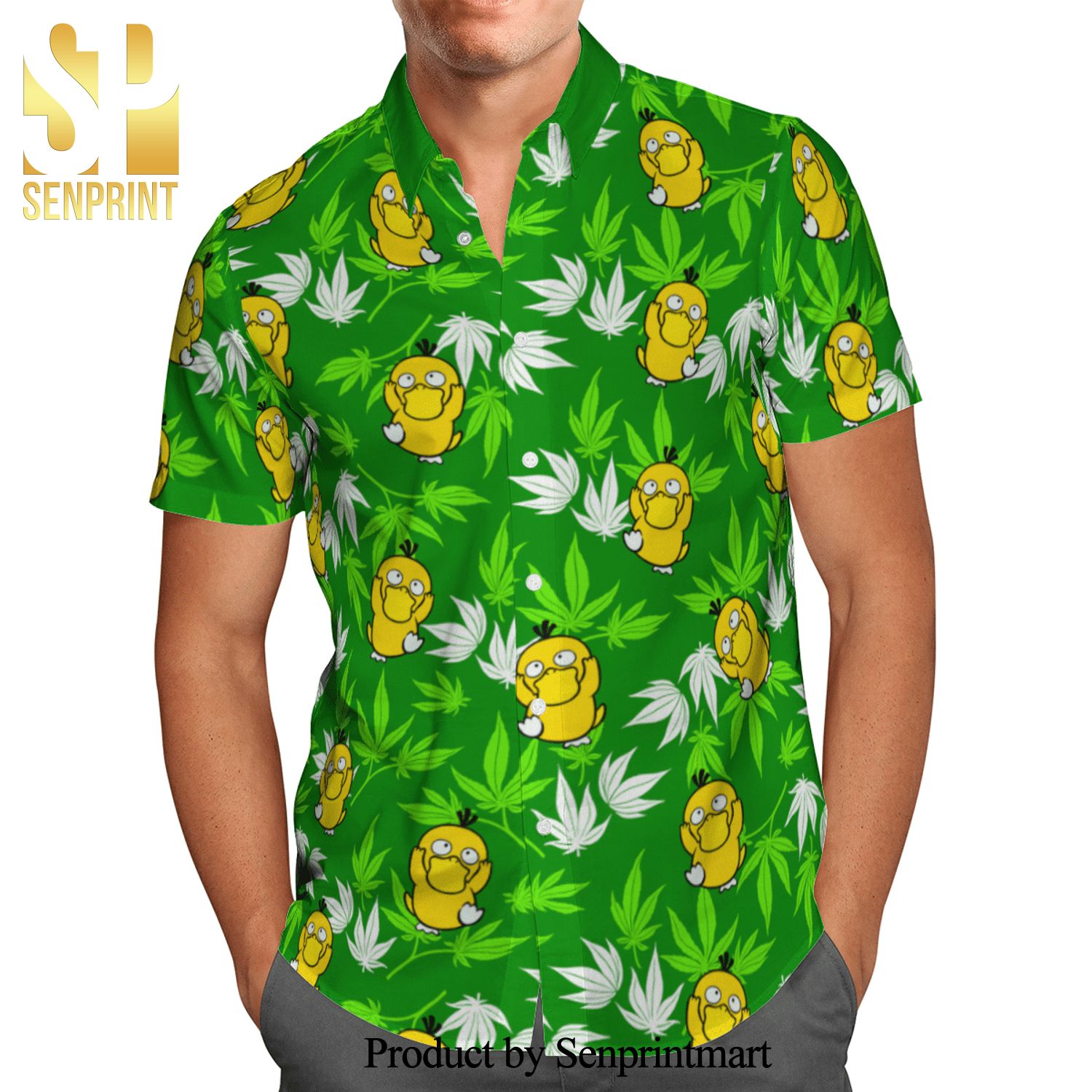 Pokemon Psyduck Tropical Leaf Full Printing Hawaiian Shirt – Green