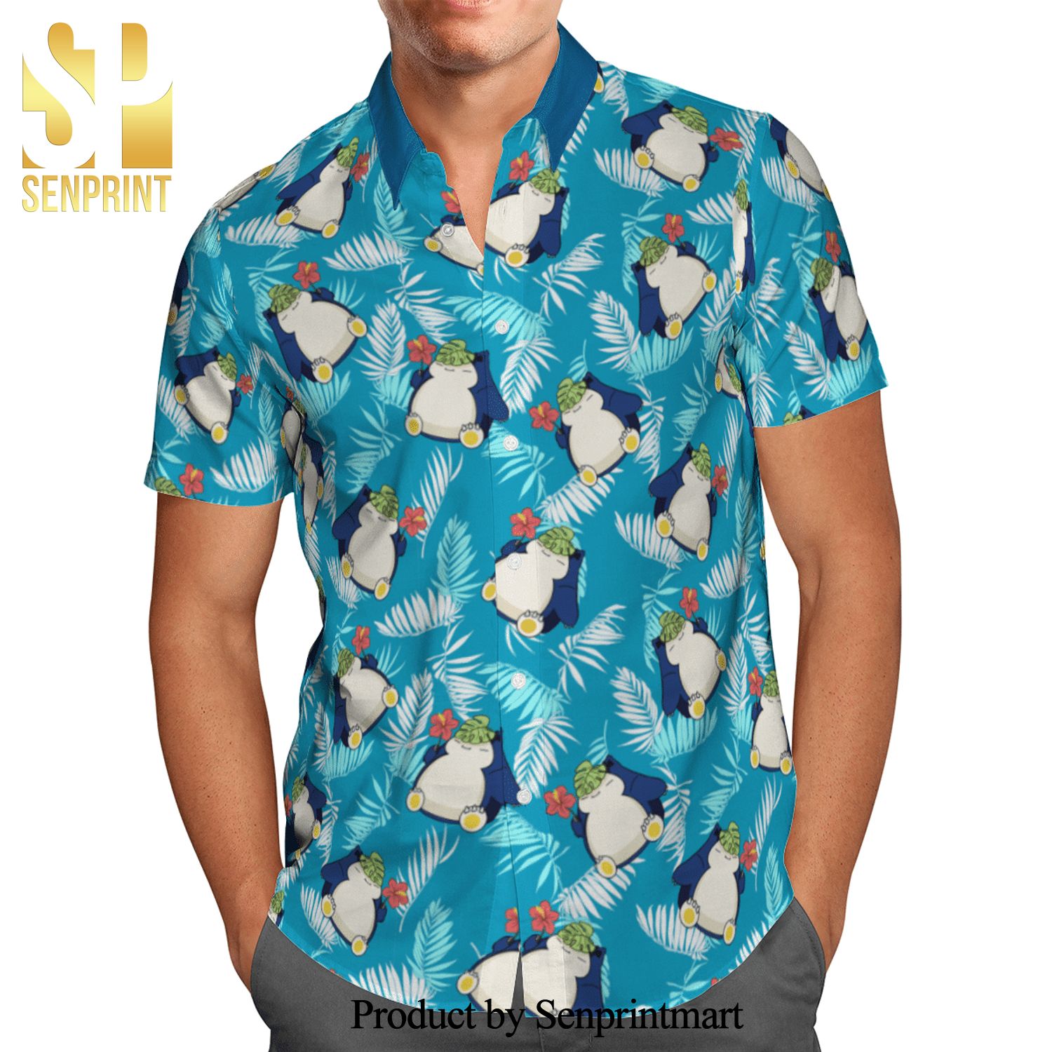 Pokemon Snorlax Tropical Palm Leaf Full Printing Hawaiian Shirt – Blue
