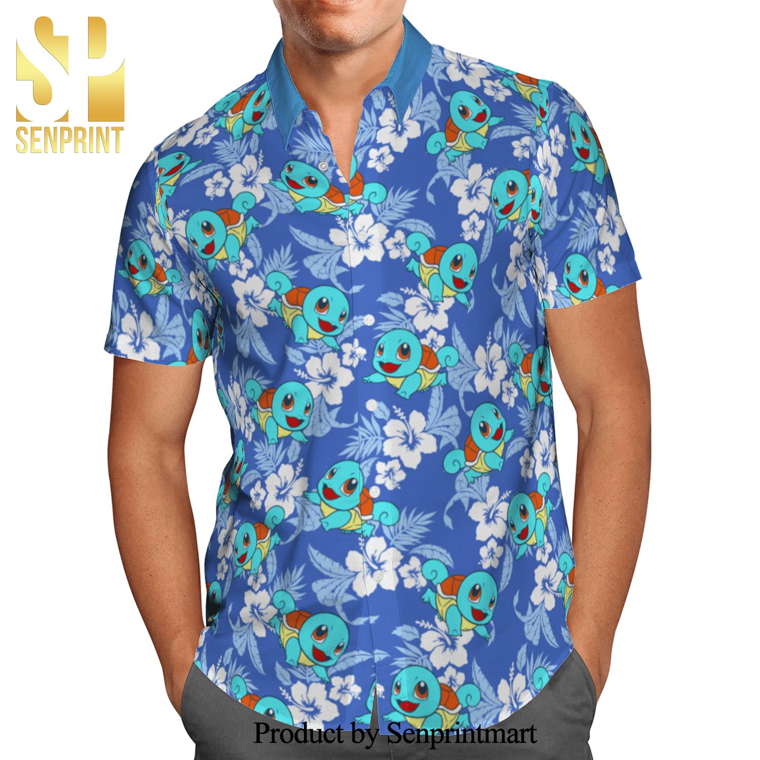 Pokemon Squirtle Tropical Hibiscus Full Printing Hawaiian Shirt – Blue